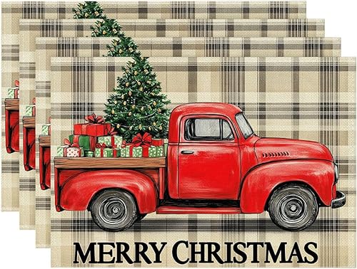 Merry Christmas Placemats Set of 4 Vintage Red Truck Dining Place Mats Linen Tab