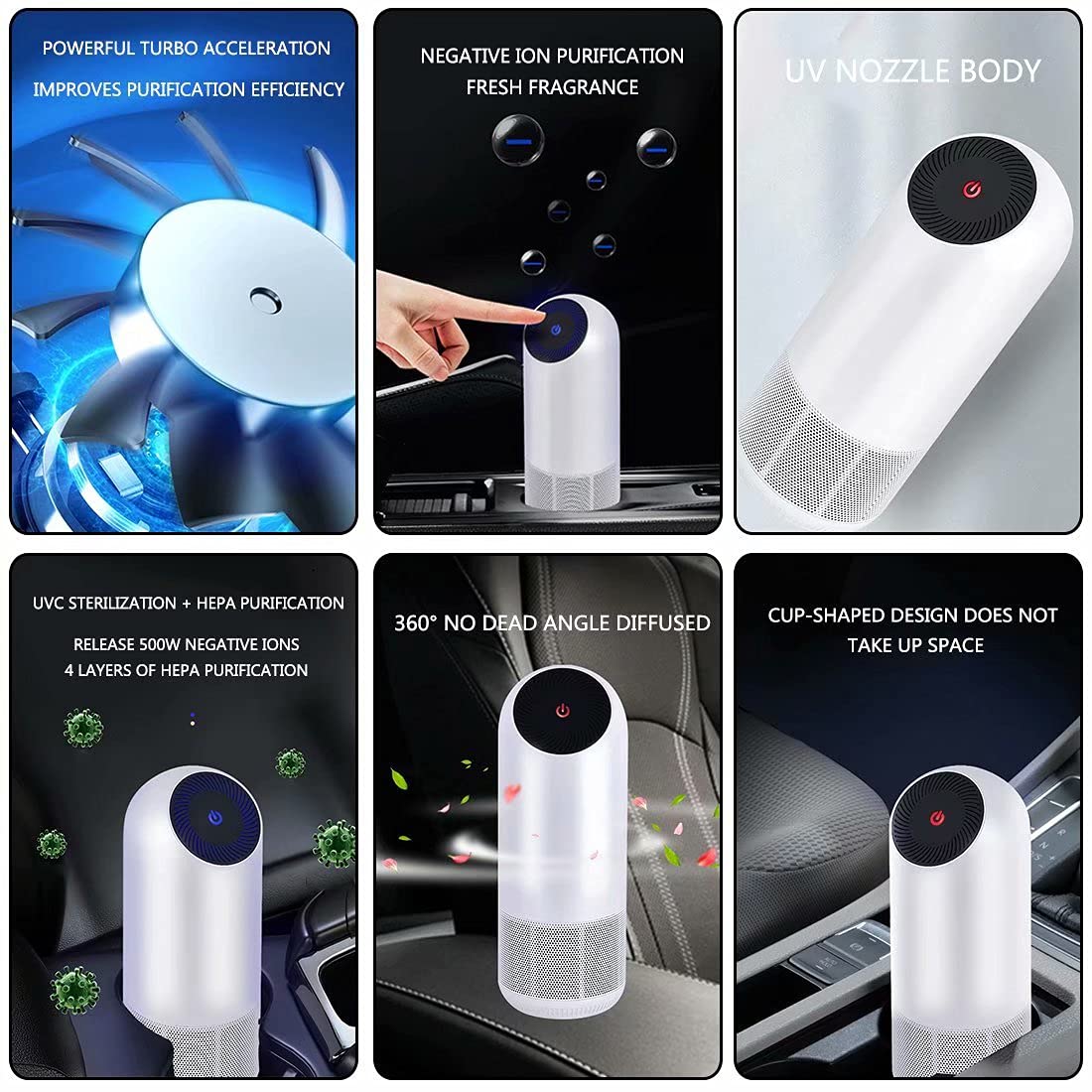 Purificatore D Aria con Filtro, Depuratore Aria per Auto con Filtro Hepa Silenzioso Filtro dell'Aria USB con Funzione Aromaterapia per in Cucine Uffici Automobili da Letto Case ECC