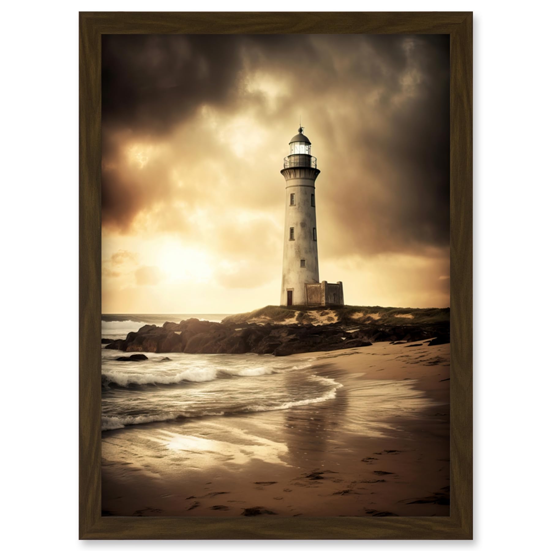 Artery8 Atmospheric Lighthouse Photo Beach Sepia Photograph Atmospheric Sunset Seascape Artwork Framed Wall Art Print A4