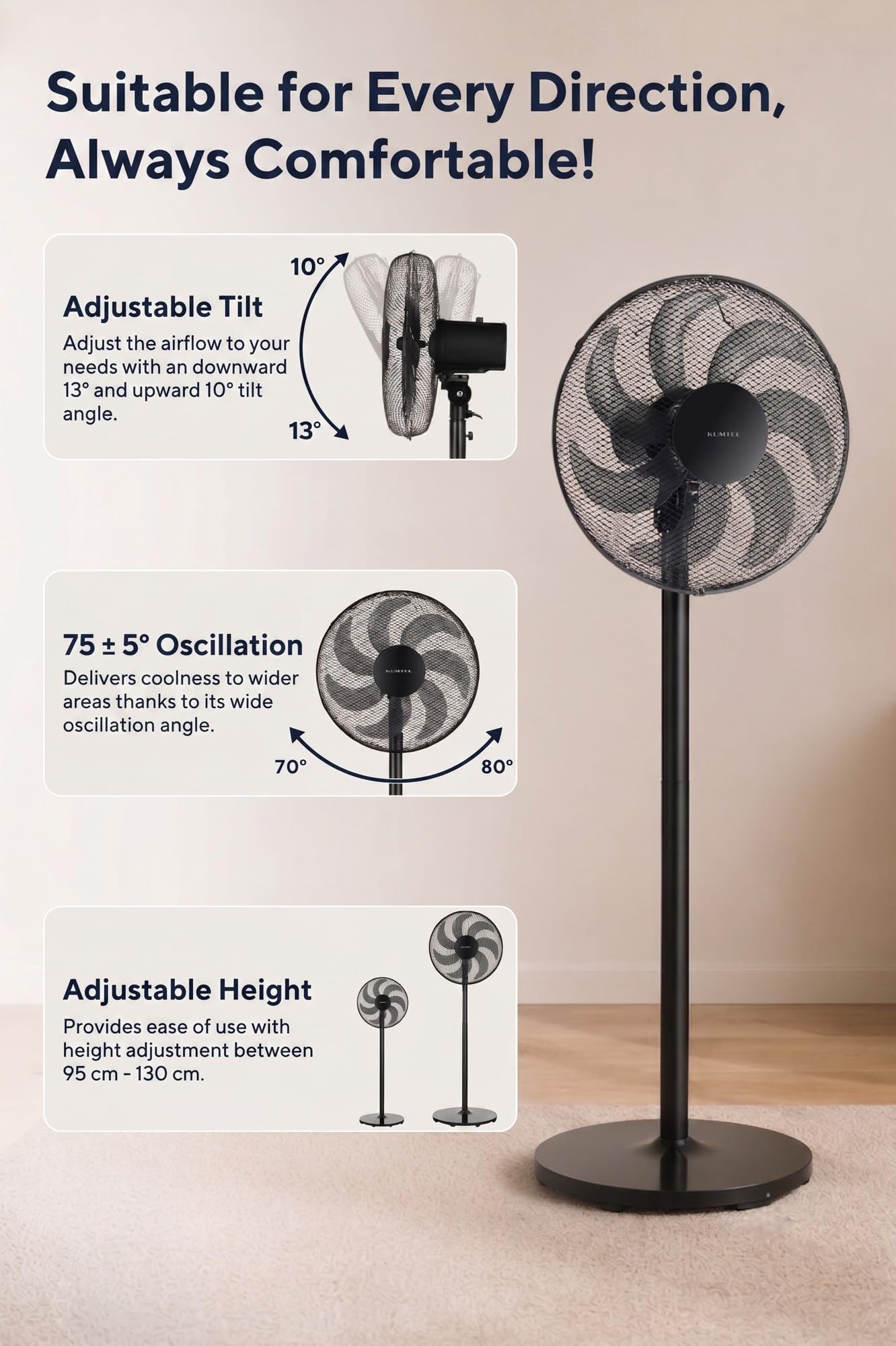 Opviq Kumtel Potente Ventilatore Nero 50W 130cm Altezza Regolabile 7 Pale 3 Velocità Silenzioso Motore In Rame Efficiente