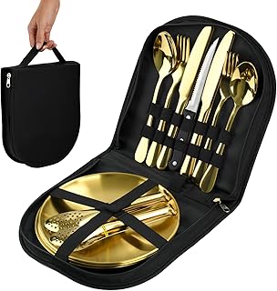 20-Piece Gold Stainless Steel Silverware Set With Organizer, including Plates, Knives, Forks, Spoons - Premium Outdoor Picnic Tableware for Camping