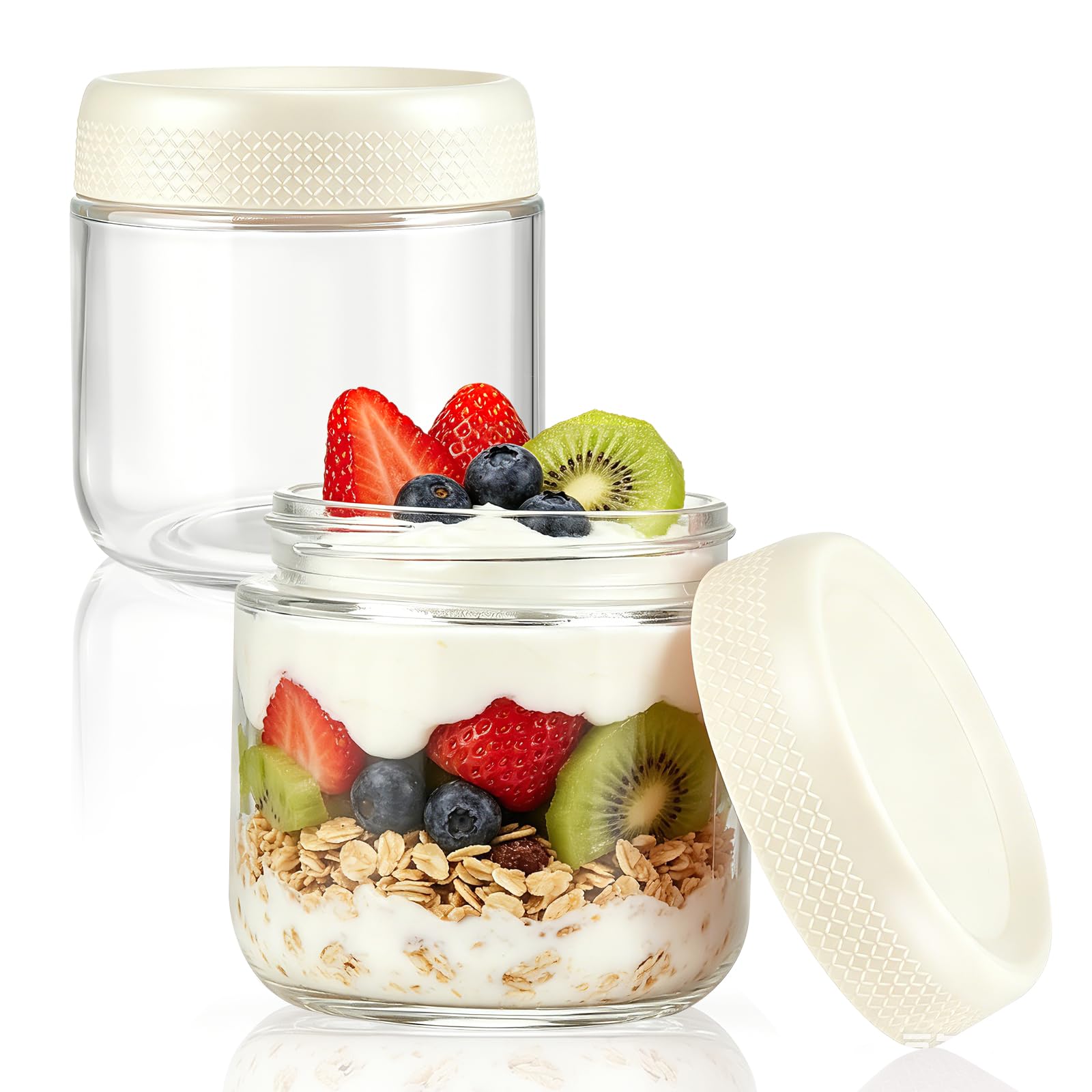 Overnight Oats Jar, 2 Pack Glass Containers With Lids, Clear Glass Jar with Screw Lid Overnight Oats Containers Reusable Wide Mouth Mason Jars for Cereals Milk Fruit Condiment Dressing Sauce (beige)