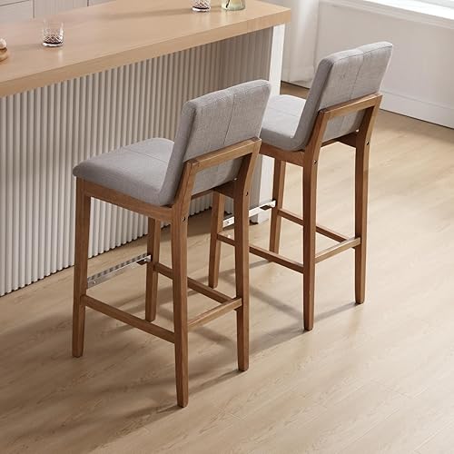 Miniatura 4 de Juego de 2 taburetes de bar para isla de cocina, 30 pulgadas, de madera maciza de mediados de siglo, con respaldo, tela de lino tapizada, color gris
