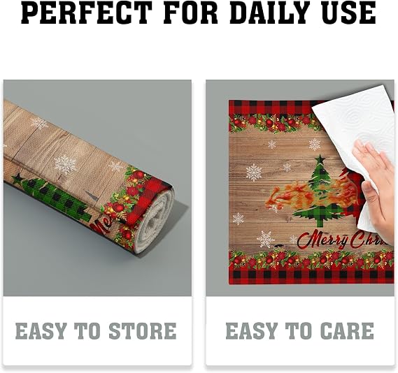 Merry Christmas Placemats Set of 4 18 x 12, Winter Xmas Tree Snowflake Red Plaid Table Mats Heat-Resisting Non Slip Reversible Burlap Coffee Place Mats for Party Dining Table Kitchen Decor