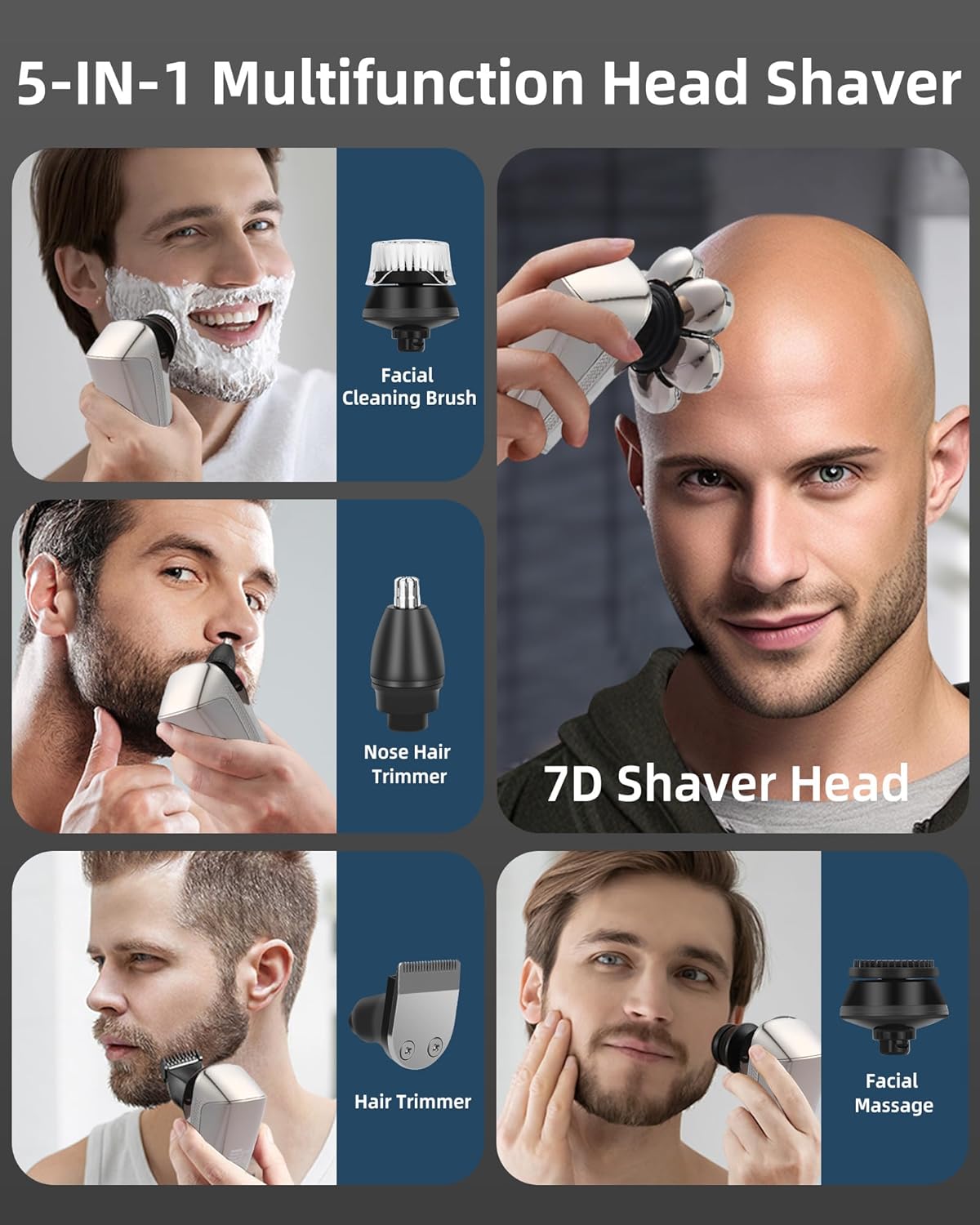 Head Shavers for Bald Men,7D Detachable Electric Bald Head Shaver,5-in-1 Dry Wet Bald Head Shavers for Men,IPX7 Waterproof Electric Razor for Men with Led Display,Fathers DayGifts, Silver - Image 4