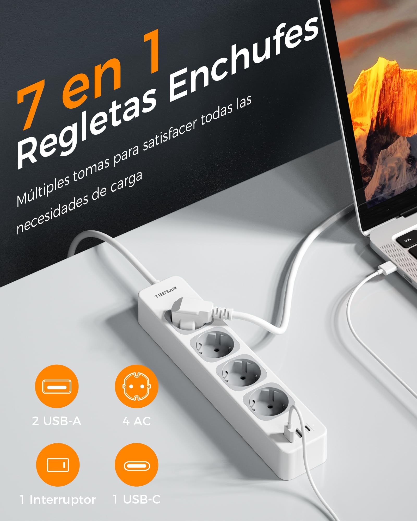 TESSAN Regleta Enchufes 7 en 1 con USB C y USB A, 4 Tomas, 10 Metros
