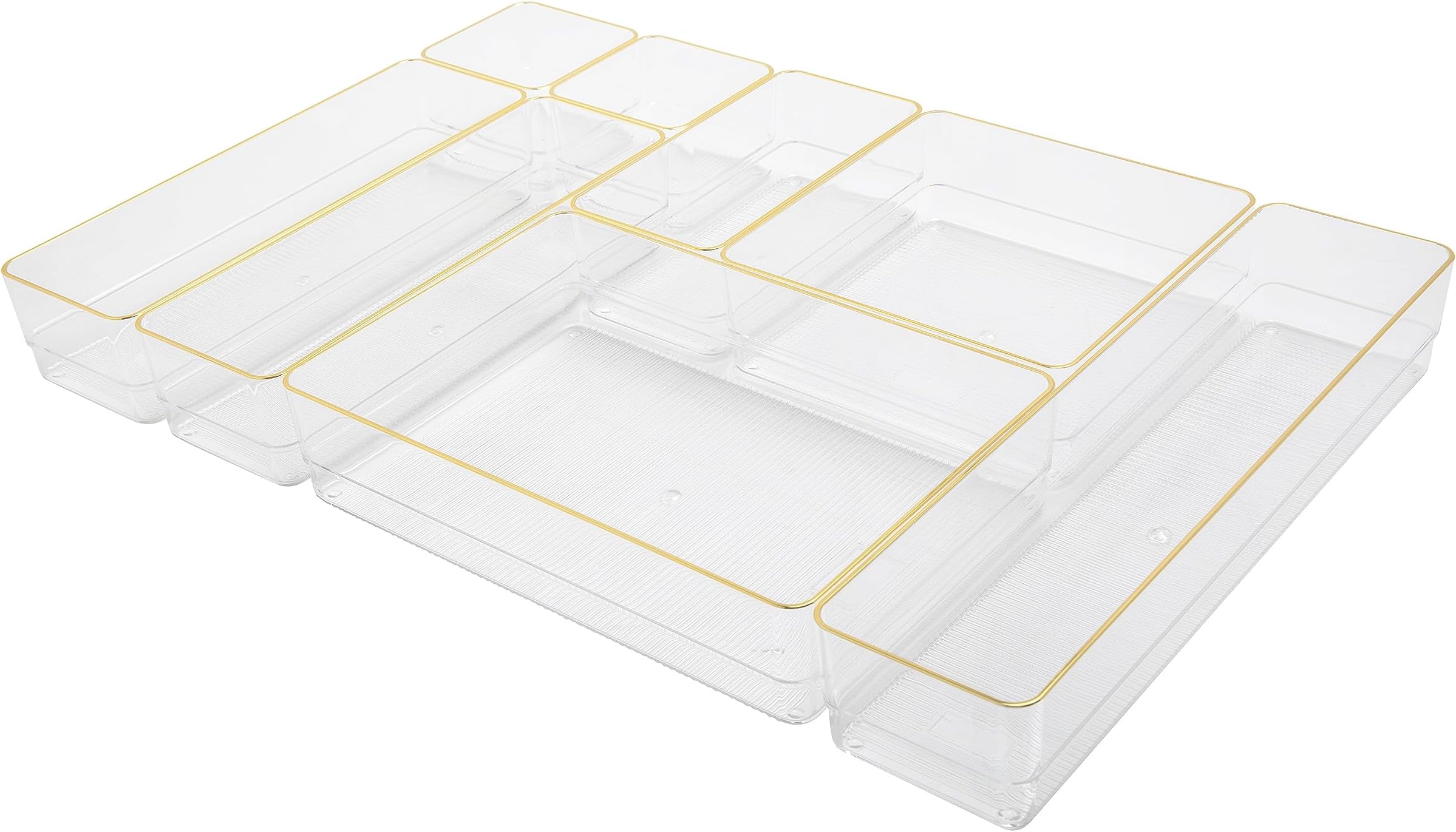 Kerry Plastic Stackable Office Desk Drawer Organizers, Set of 8, with Gold Trim