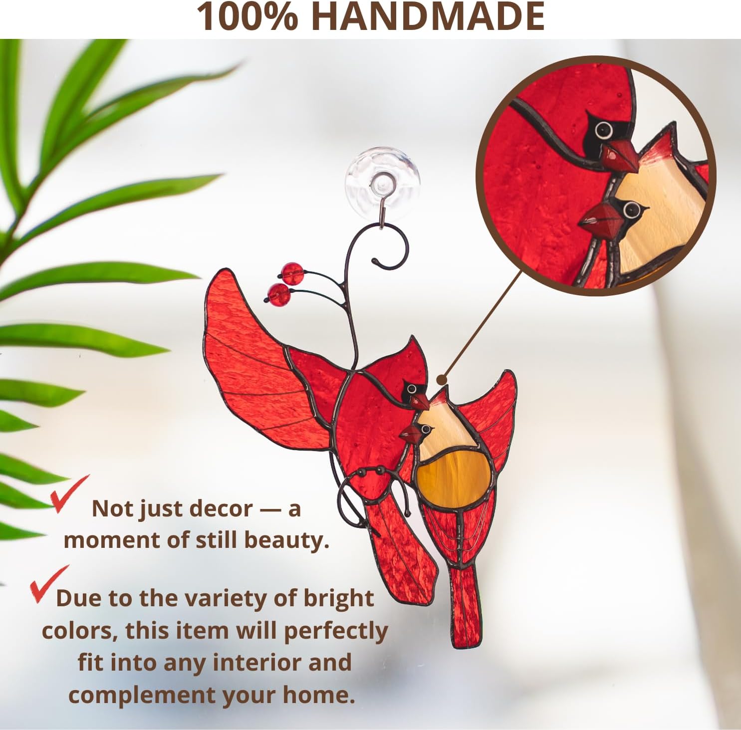 Cardinals Birds Stained Glass Suncatcher Genuine Stained Glass Window Hangings Unique Indoor Ornament & Outdoor Decor (Hugging Cardinals)