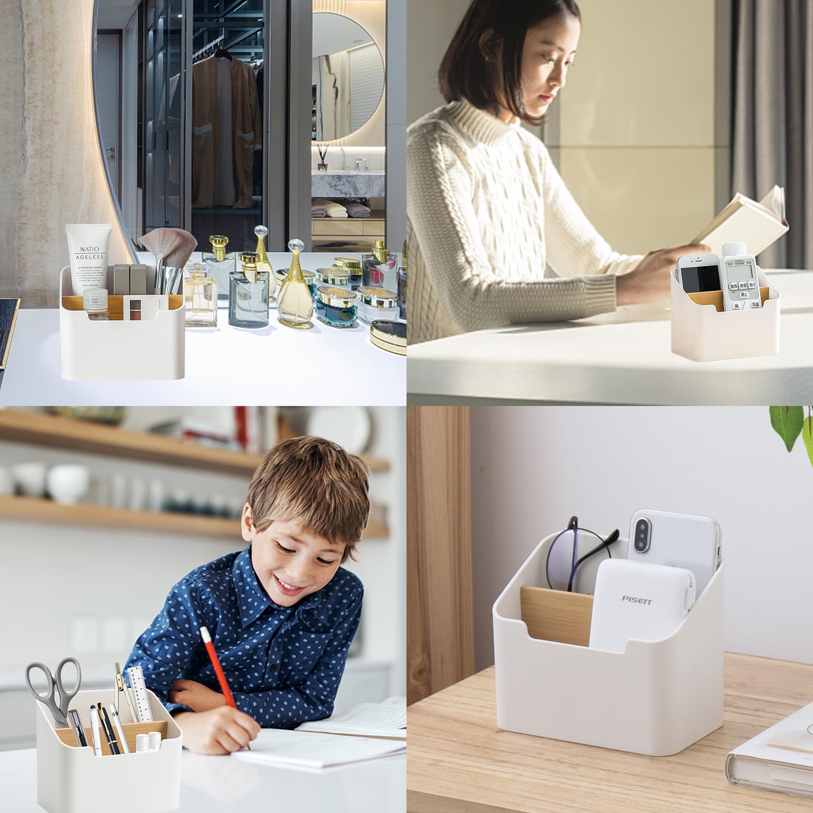 Organiseur De Bureau En Bois Blanc - Compartiments Multifonctions Pour Stylo Et Télécommande