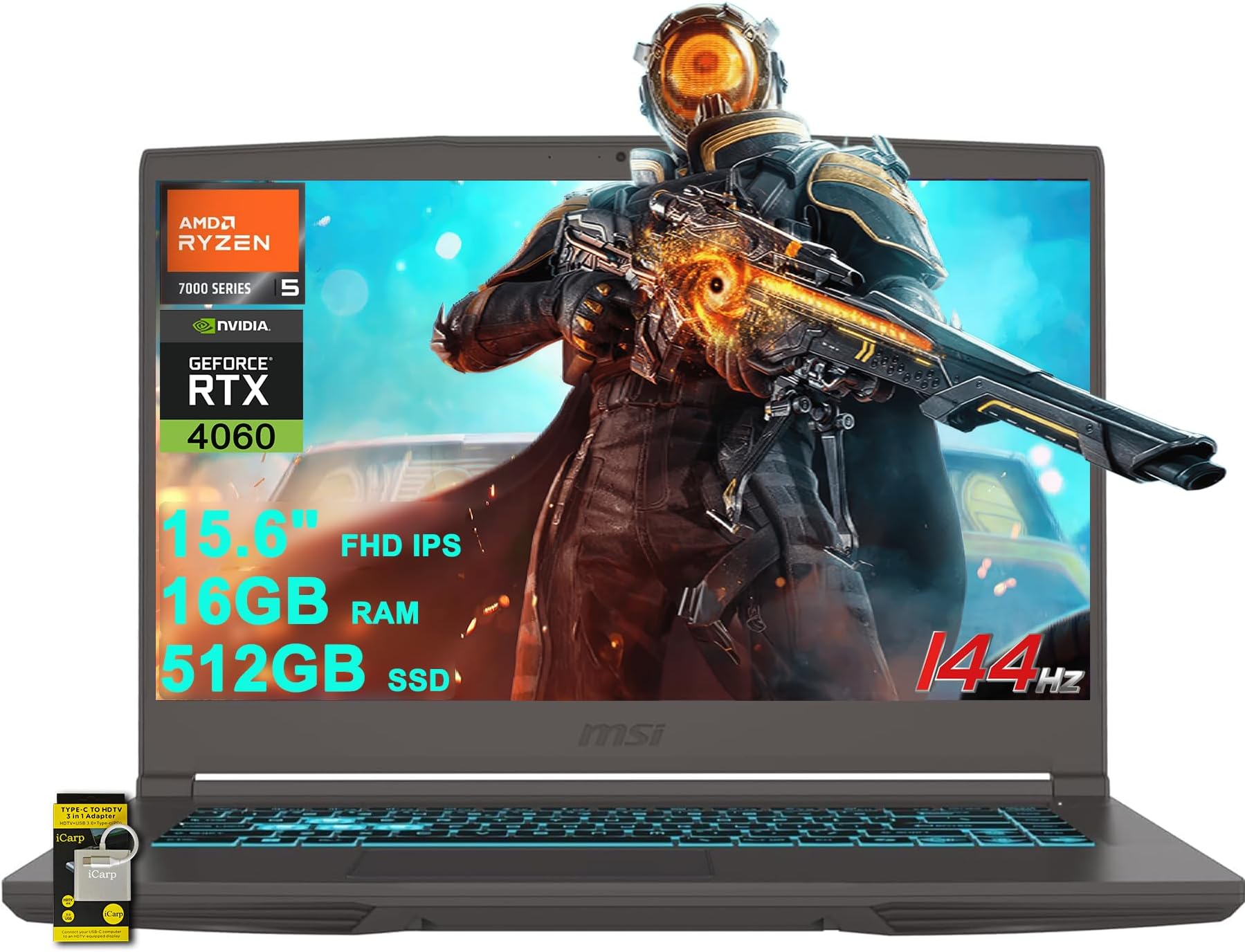 MSI Thin A15 Gaming Laptop 15.6" FHD IPS 144Hz AMD Hexa-core Ryzen 5 7535HS 16GB RAM 512GB SSD GeForce RTX 4060 Backlit USB-C Wi-Fi6E Win11 w/ICP Hub