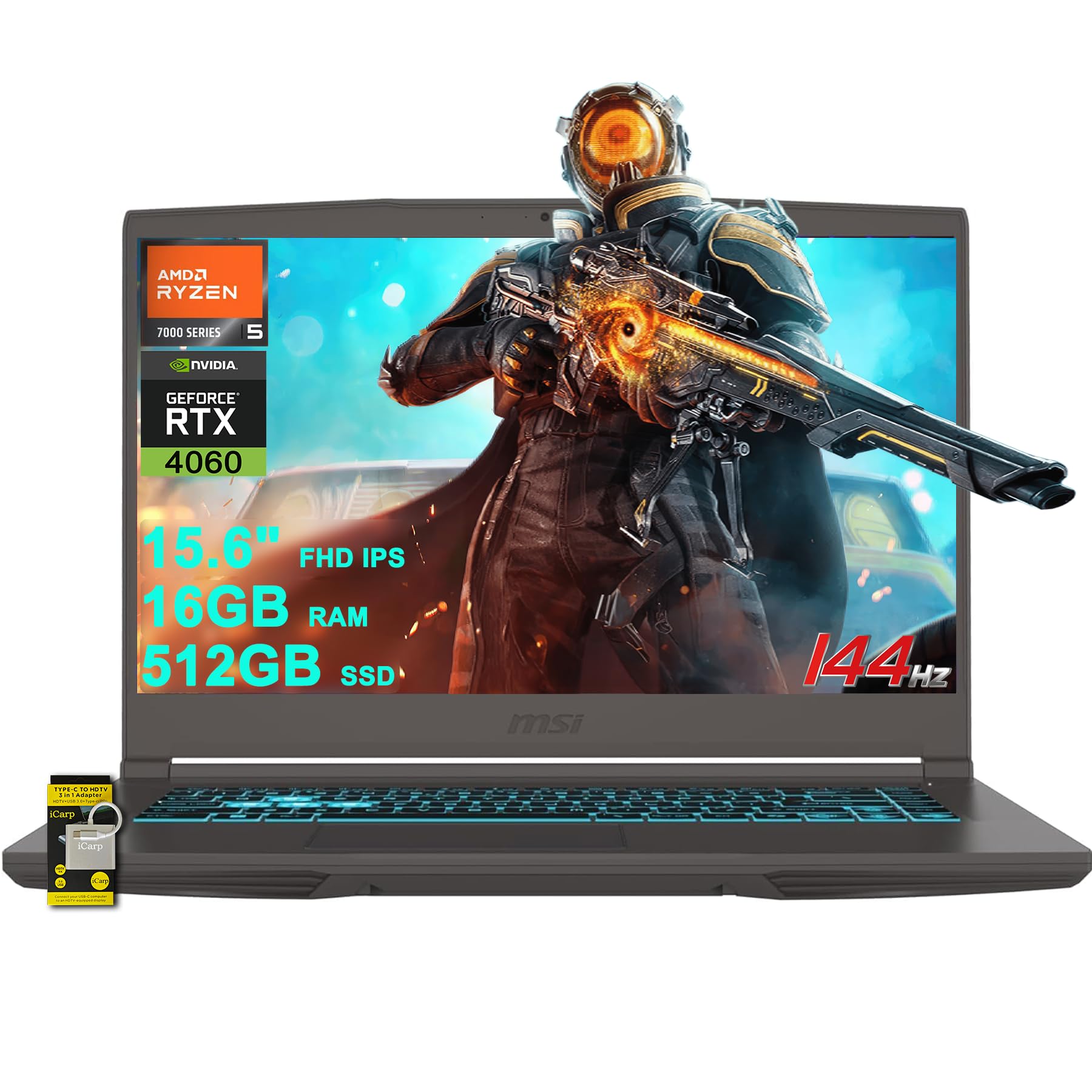 MSI Thin A15 Gaming Laptop 15.6" FHD IPS 144Hz AMD Hexa-core Ryzen 5 7535HS 16GB RAM 512GB SSD GeForce RTX 4060 Backlit USB-C Wi-Fi6E Win11 w/ICP Hub