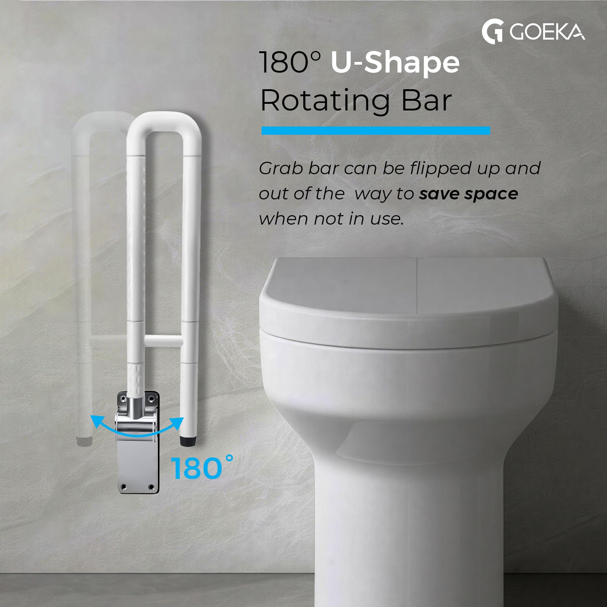 GOEKA Stainless Steel Flip-Up Grab Bar, Space-Saving Design, 304 Rust-Resistant Construction, Anti-Slip Grip, White, 24 Inch Mobility Assistance, Toilet & Bedside - Bathroom Safety Bar for Elderly 1