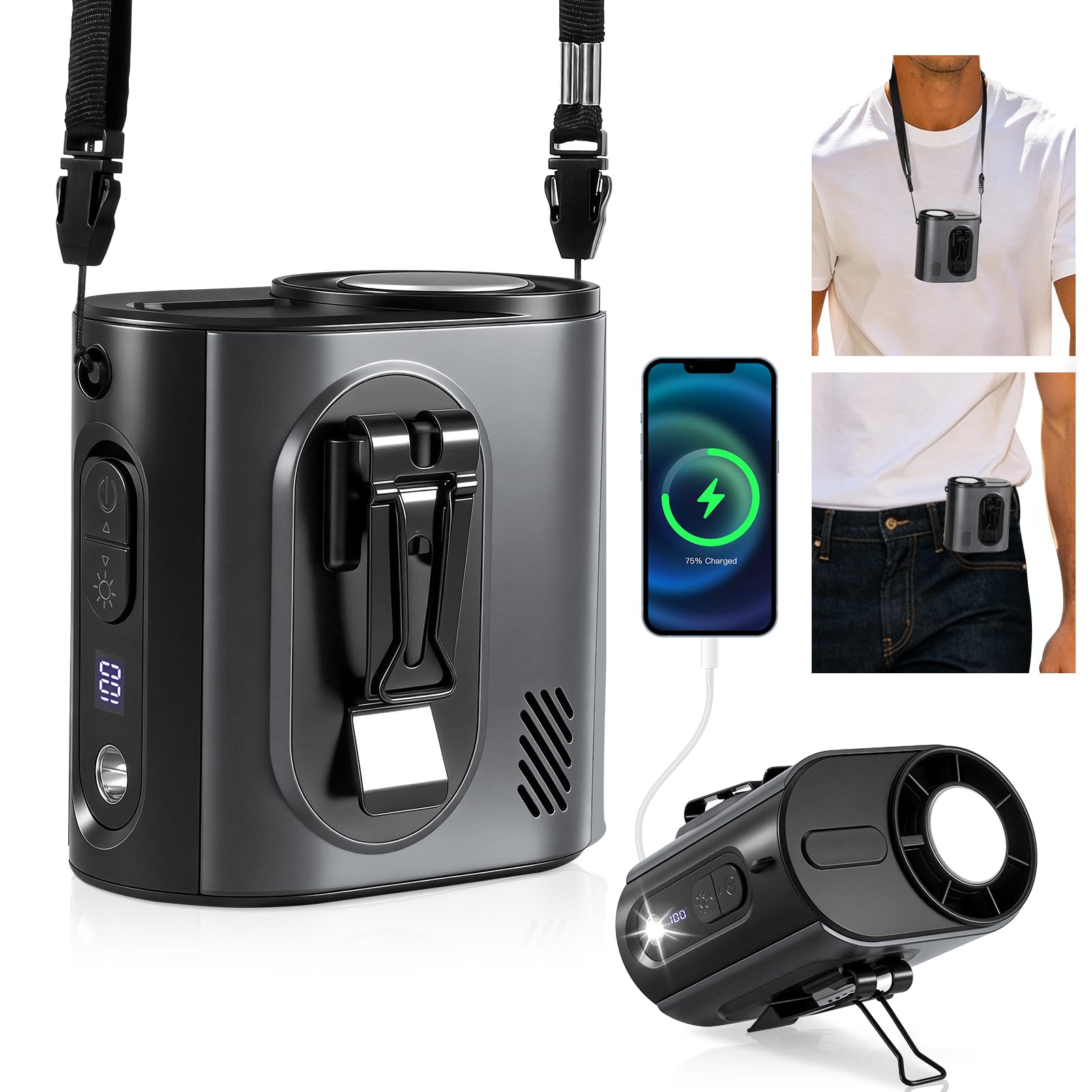 Ventilatore portatile da Cintura con funzione di impacco freddo, 6000mAh Raffreddamento Ventilatore da Vita 5 velocità Ventilatori da collo Raffreddatore indossabile con luce LED &cordino collo