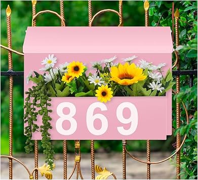 Wall-Mount Mailbox with Flag, Large Capacity Mailboxes for Outside House with Planter & 3 Sets of 0-9 Mailbox Number Stickers, Galvanized Steel Rust-Proof Post Box Metal Mail Box Pink