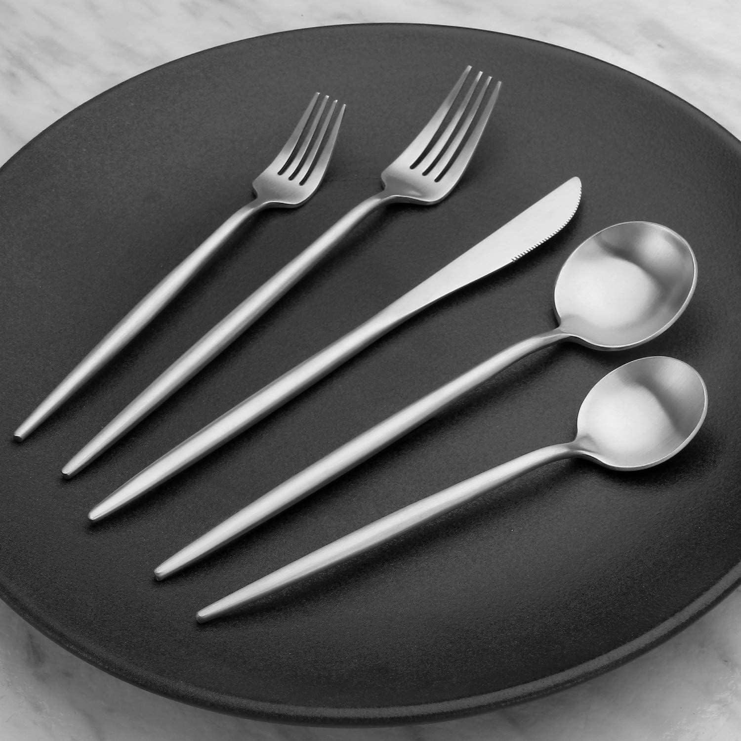 Matte Silver Silverware Set, Stainless Steel Satin Finish, Flatware Cutlery Set for 4, 20-Piece Spoons and Forks Kitchen Utensil Set, Dishwasher Safe (Matte Silver, 20 P)