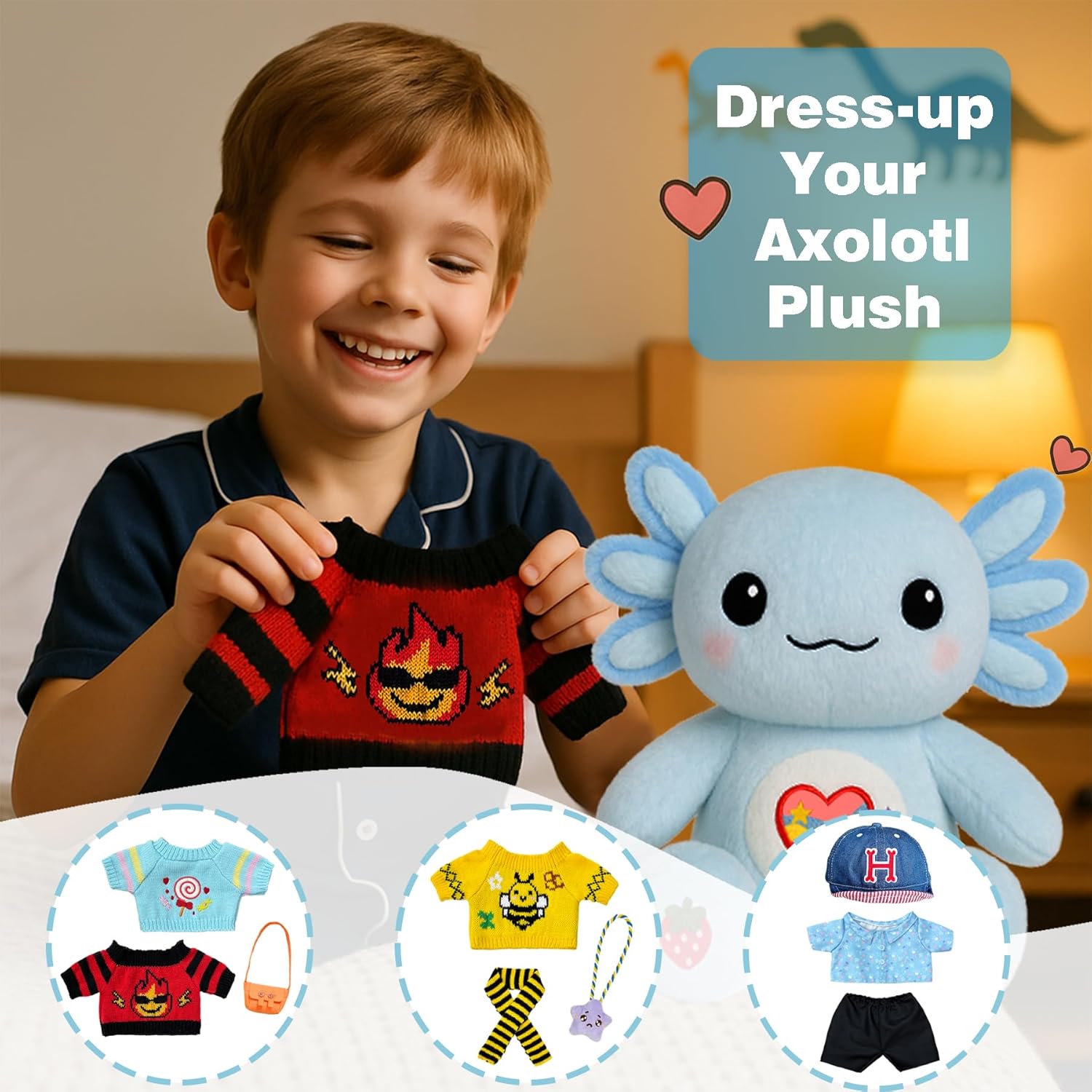 Axolotl Plush with 9 Pcs of Axolotl Stuffed Animal Clothes and Accessories,Gifts Ideas for Girls Ages 3 to 12(14-inch) (Blue)