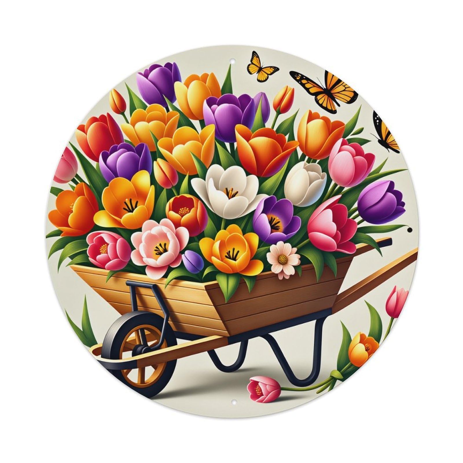 Floral Wheelbarrow Tulip Garden Butterflies Metal Tin Sign Vintage Garden Bedroom Cafe Bar Man Cave Home Wall Decor Metal Poster 8x8 inches