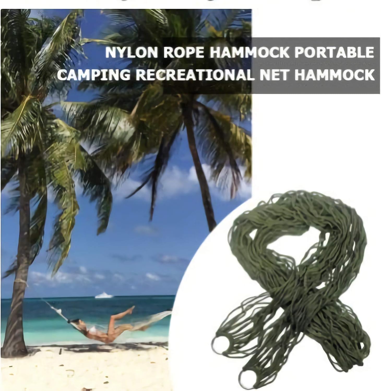 KNC Outdoor Travel Camping Sport Hammock with Tree Straps for Hanging, Army Green Net Mesh Nylon Sleeping Bed Swing with Hooks for Garden Beach Camping Hunting Hiking Traveling