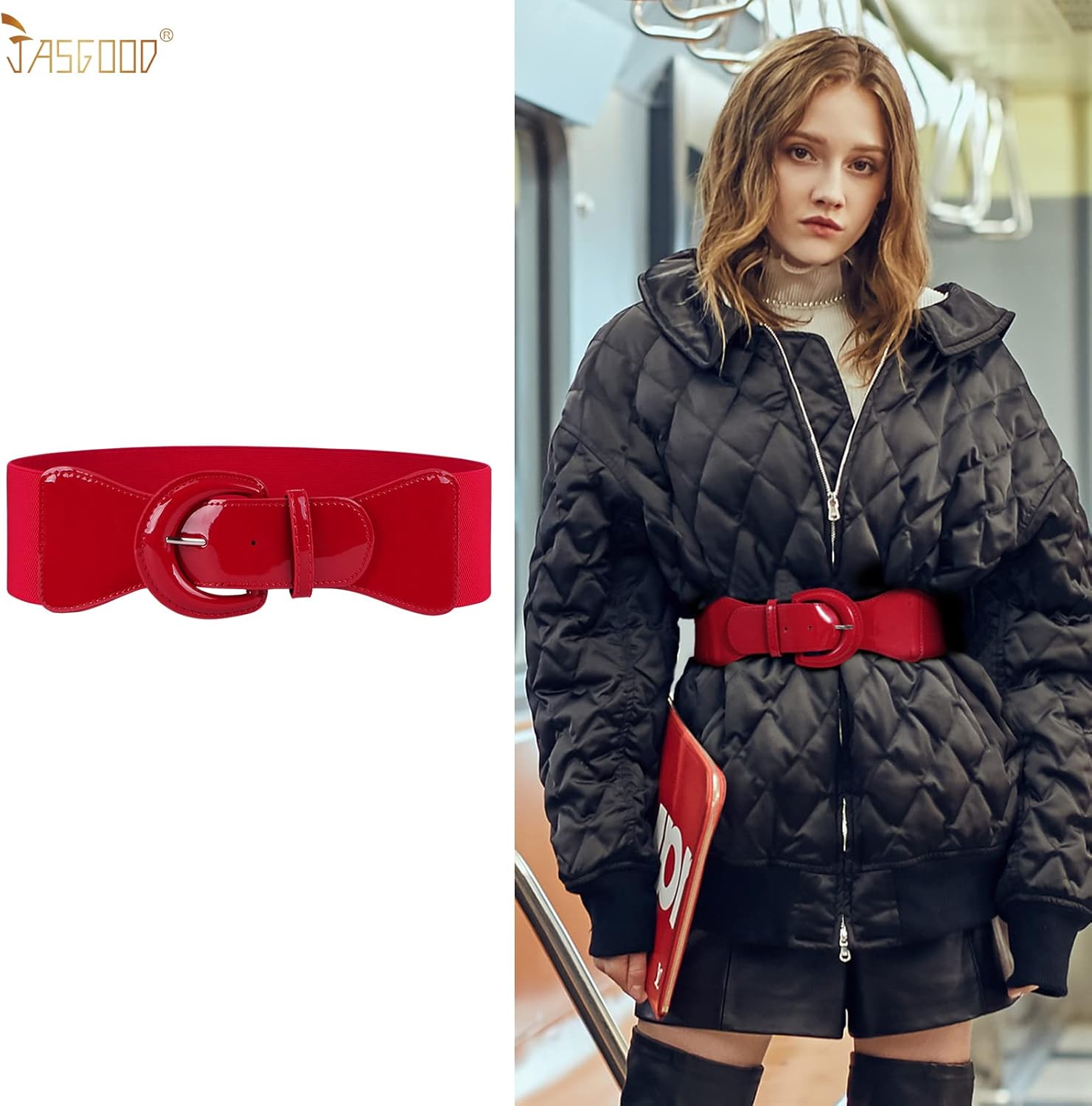 JASGOOD Women Wide Stretch Belt,Vintage Chunky Buckle Elastic Waist Belts Patent Leather Belt 50s Belt for Dress - Image 4