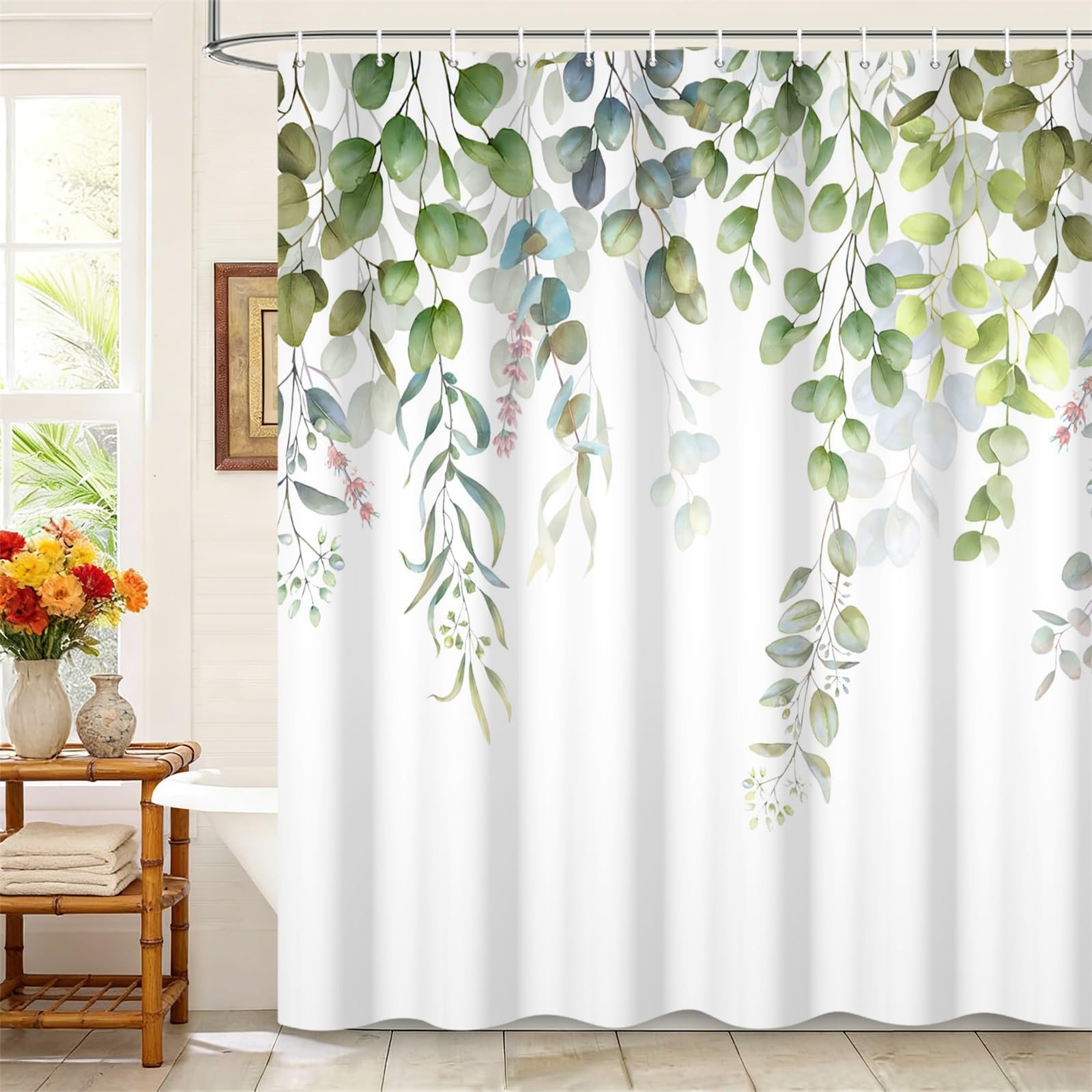 Kzzfqxb 180x180cm Leaves Shower Curtains with Hooks, White Background Hanging Vines Greenleaves Flowers Branches Plants Occluded Waterproof for Bath, Polyester Fabric Bathroom Bathtub Natural Decor — image 1