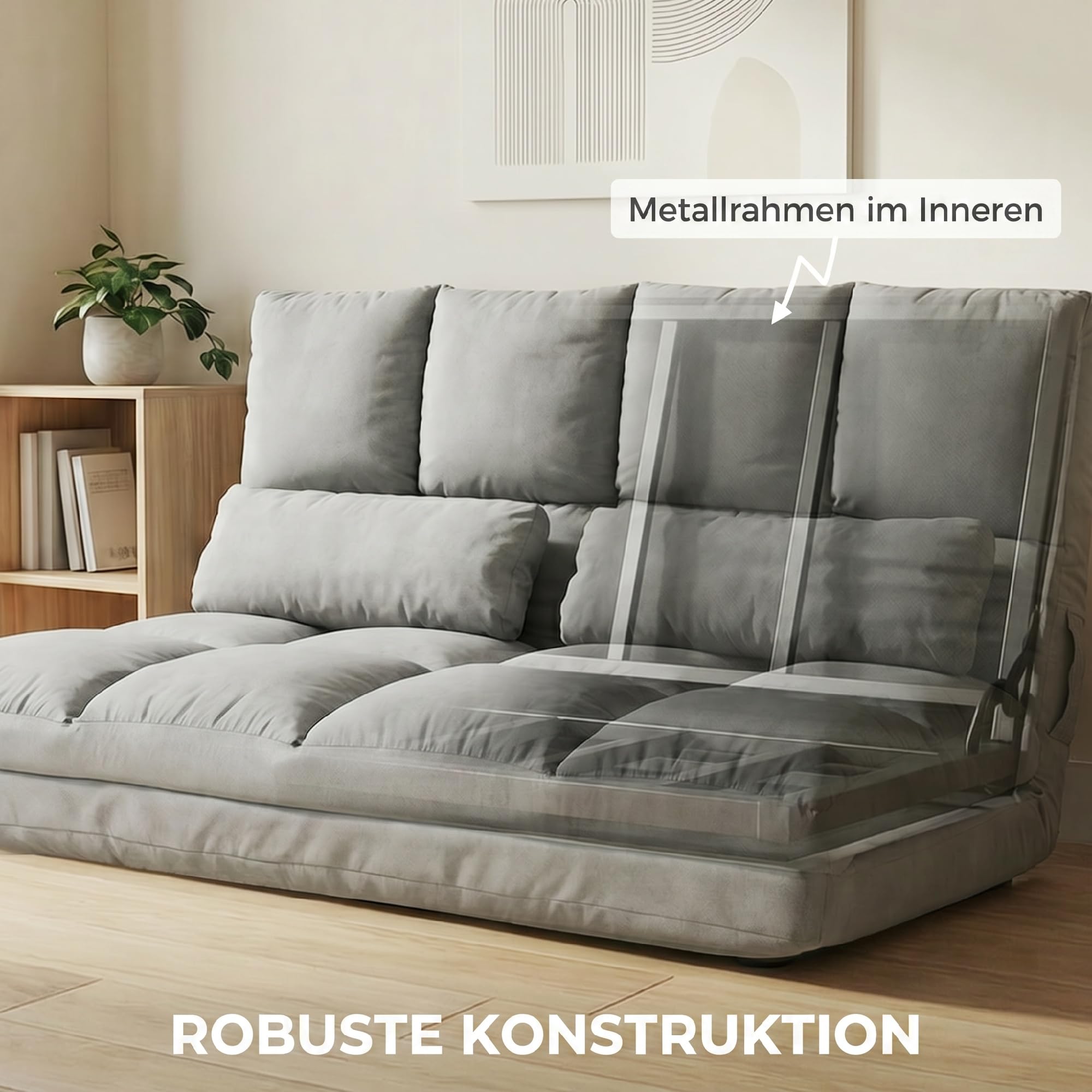 HOMCOM krzesło podłogowe 2 w 1 fotel podłogowy łóżko z oparciem regulacja 3 pozycje poduszka siedziska kolor szary aksamit stal 102 x 73 x 60 cm