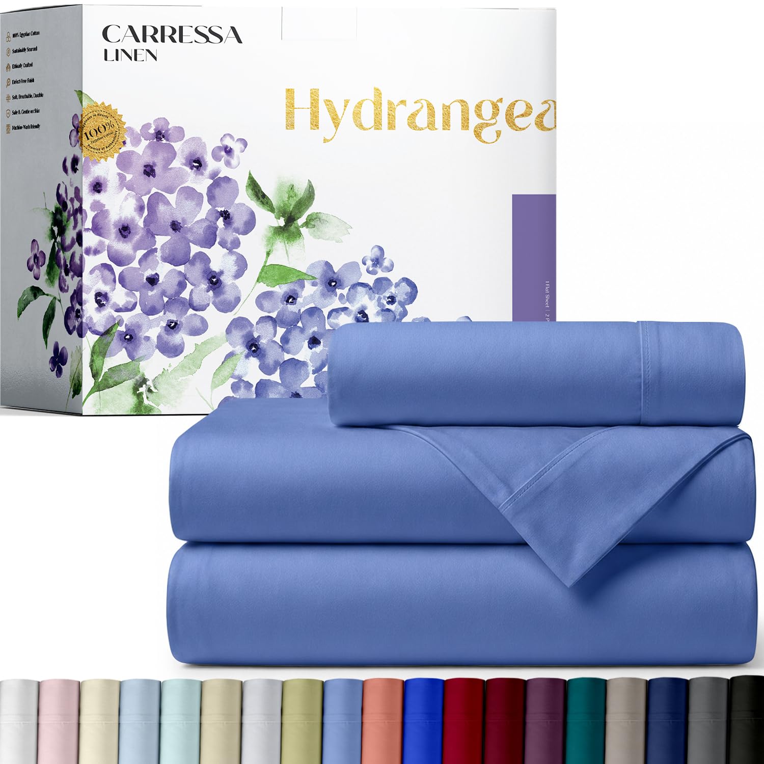 Carressa Linen Set di lenzuola in 100% cotone egiziano, 600 fili, 3 pezzi, per letto matrimoniale, morbide, fresche, ad alto numero di fili, in rasatello, biancheria da letto di lusso extra lunga, con