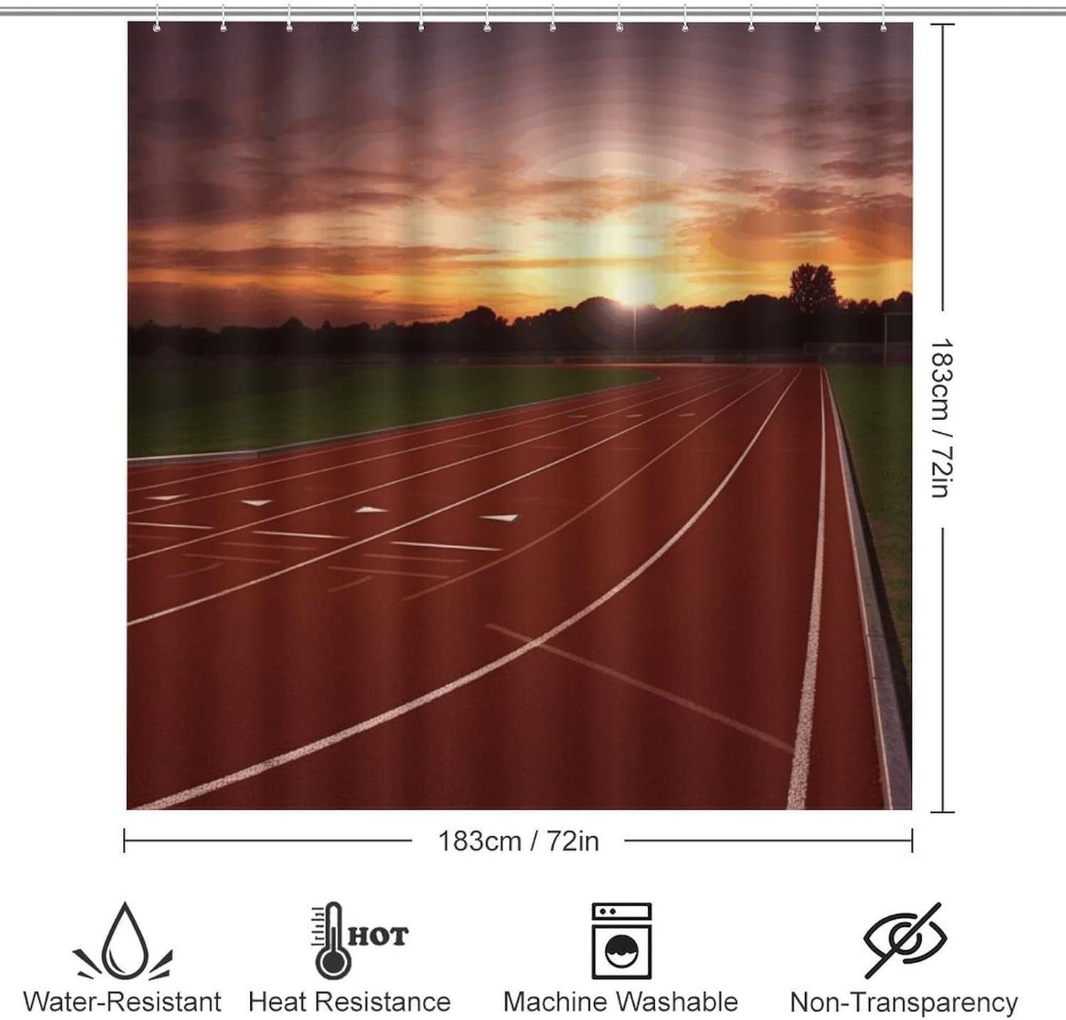 Dusk Running Track 4Pcs Shower Curtain Set with Non-Slip Rugs, Toilet Lid Cover and Bath Mat,Bathroom Set Decor Accessories,Curtain Set with 12 Hooks, 72 X 72 Inch