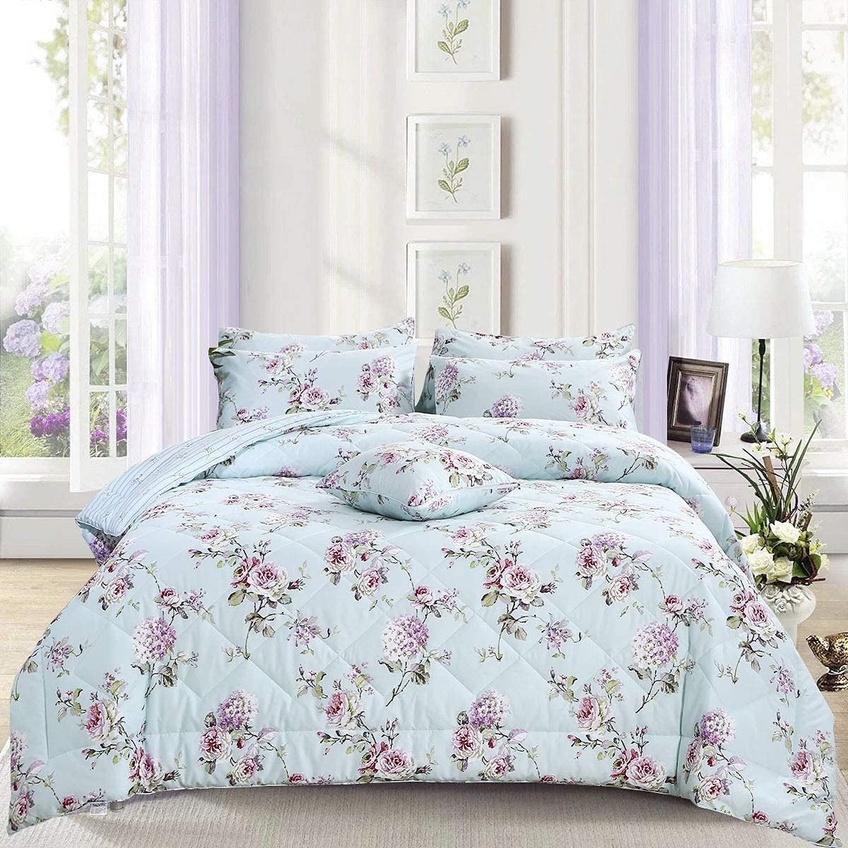 FADFAY Floral Comforter Set King Size 3 Pcs All Season Reversible Down Alternative Duvet Insert Lightweight 100% Cotton Fabric Microfiber Blue Hydrangea Peony Printed Farmhouse Quilt 2 Pillowcases