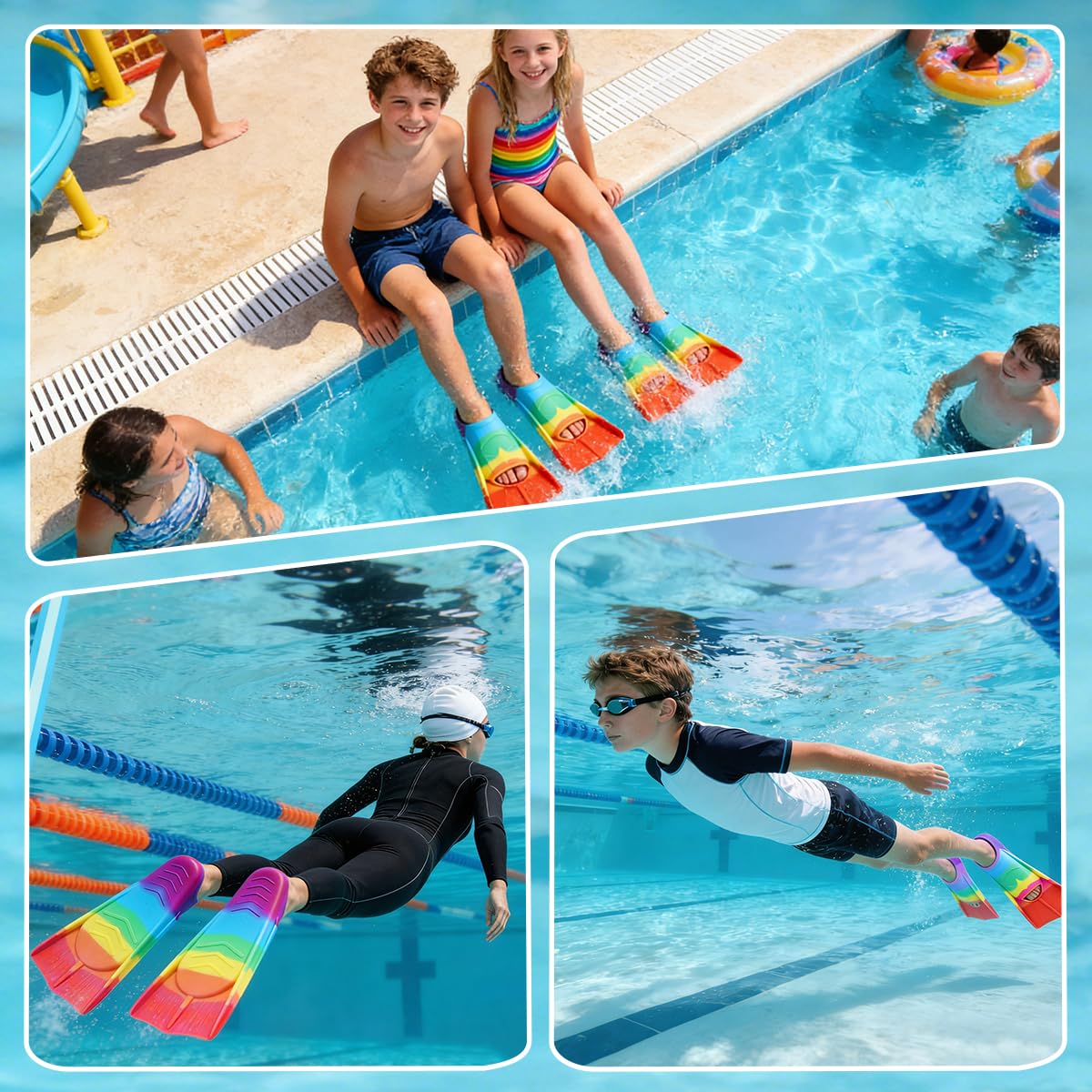 Schwimmflossen Kinder, 100% Silikon Kurzflossen, Taucherflossen Regenbogen Flossen für Training und Lap Schwimmen, Schnorchelflossen für Kinder Mädchen Jungen Anfänger