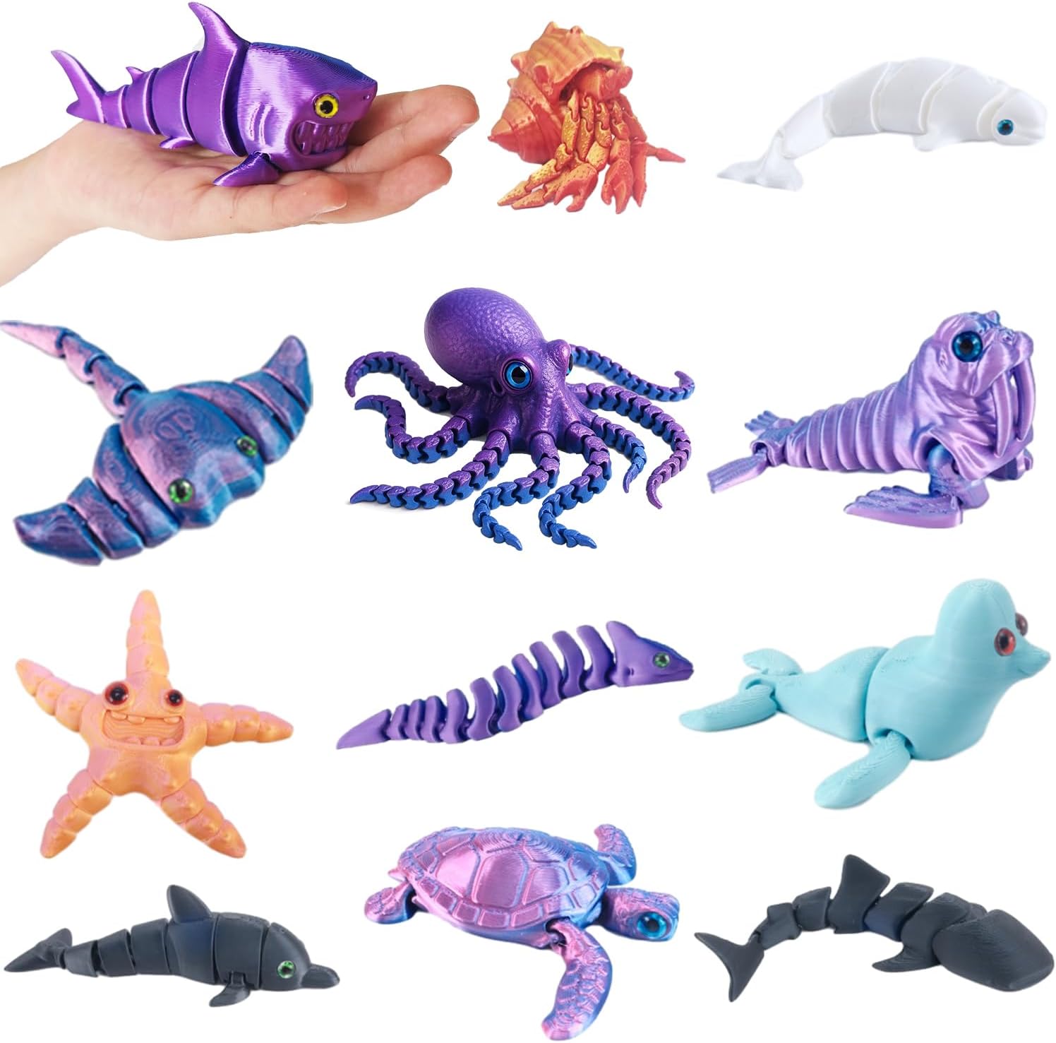3D Printed Sea Animals - 12Pcs Large Articulated Ocean Creatures Set - Flexible Fidget Toys for Kids Birthday Gifts, Party Favors, Goodie Bag Fillers, Desk Decor, Fun Educational Toy for Boys & Girls