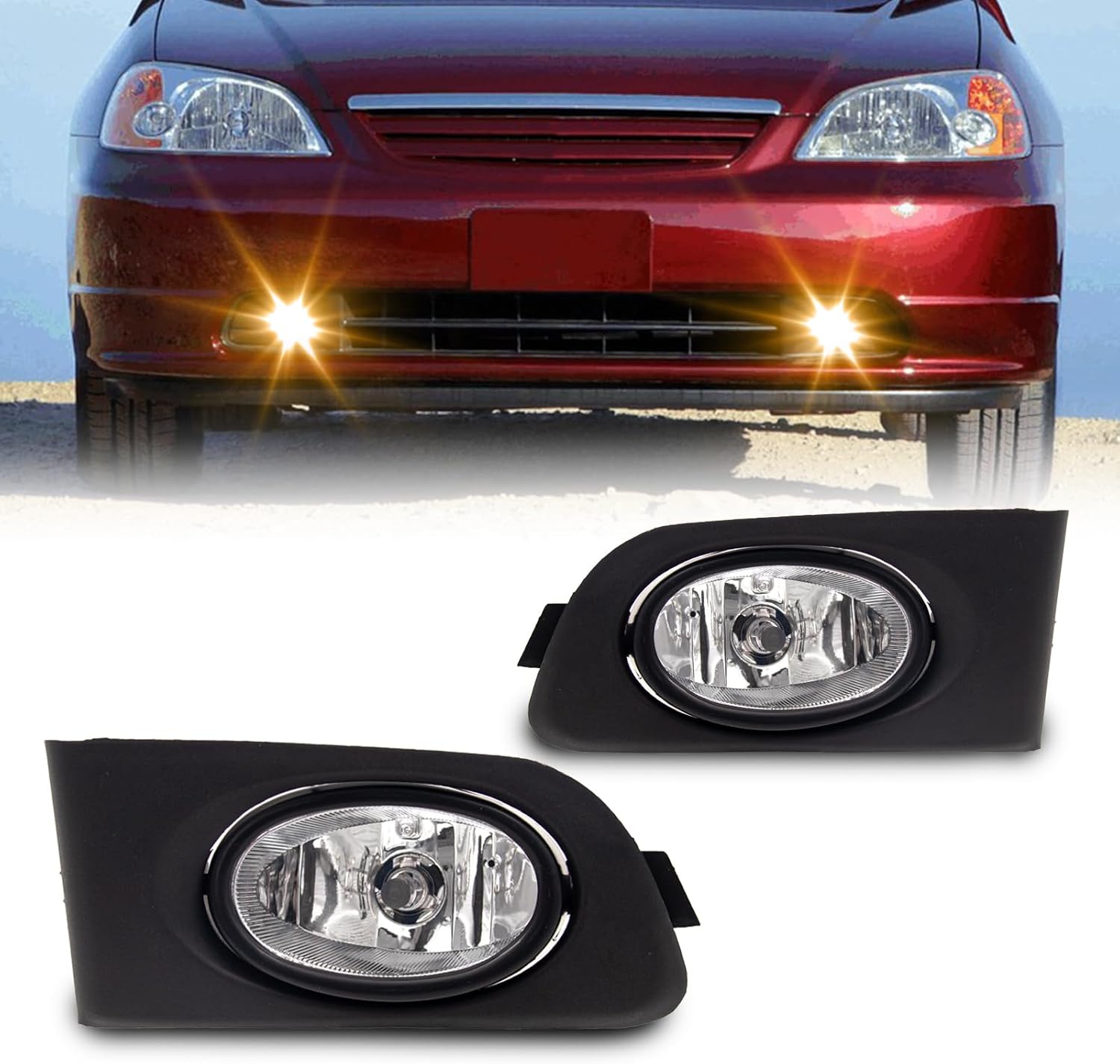Fog Lights Assembly Compatible With HONDA Civic 2/4DR 2001-2003 Included Switch And Wiring Kit OEM Part Number:08V31S5D1M101, 08V31S5D1M102(Clear Lens)