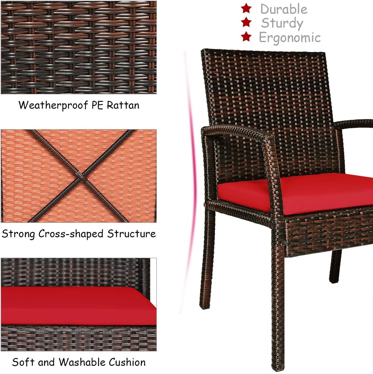 COSTWAY 7-Piece Outdoor Patio Furniture Set, Rattan Dining Table & Chairs with Cushions, Umbrella Hole & Tempered Glass Tabletop, Modern Garden Rattan Set for Backyard, Poolside, Balcony (Red)