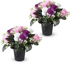 2 Artificial Flower Pots Cemetery, Artificial Flower Deco Realistic Roses Artificial Flower Cemetery Outdoor Artificial Plant for Cemetery, Home, Garden, Balcony, Porch
