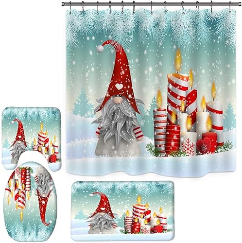 Miniatura 16 de Juego de 4 cortinas de ducha con diseño de Feliz Navidad con alfombras de baño antideslizantes, tapa de inodoro, tapete de baño, cortina de ducha, 4
