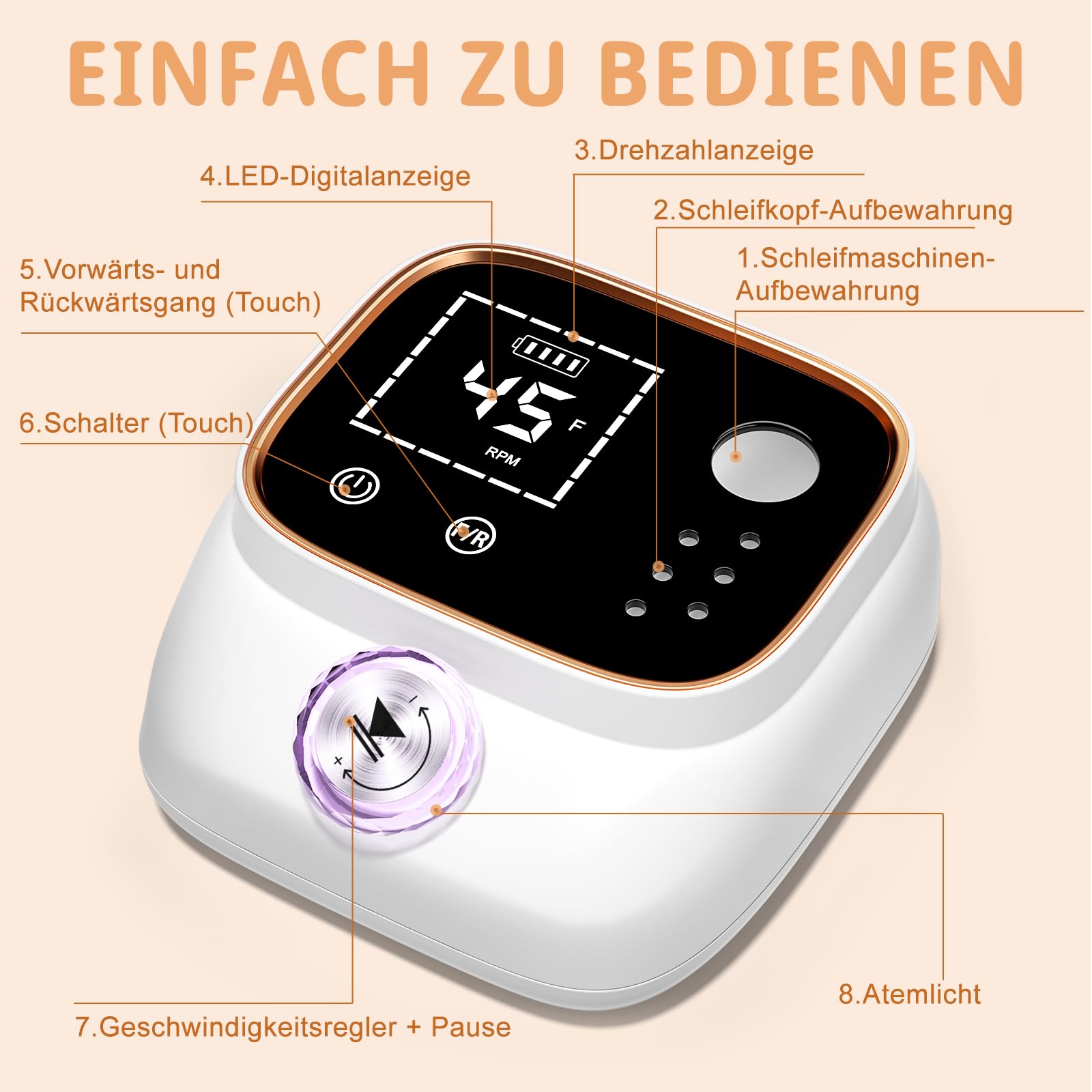 Professionelle Elektrische Nagelfeile 45000U/M für Gelnägel und Acrylnägel mit LCD-Display, Bit-Lock Design, mit Maniküre Pediküre Zubehör Set für den Heimgebrauch und Nagelstudios