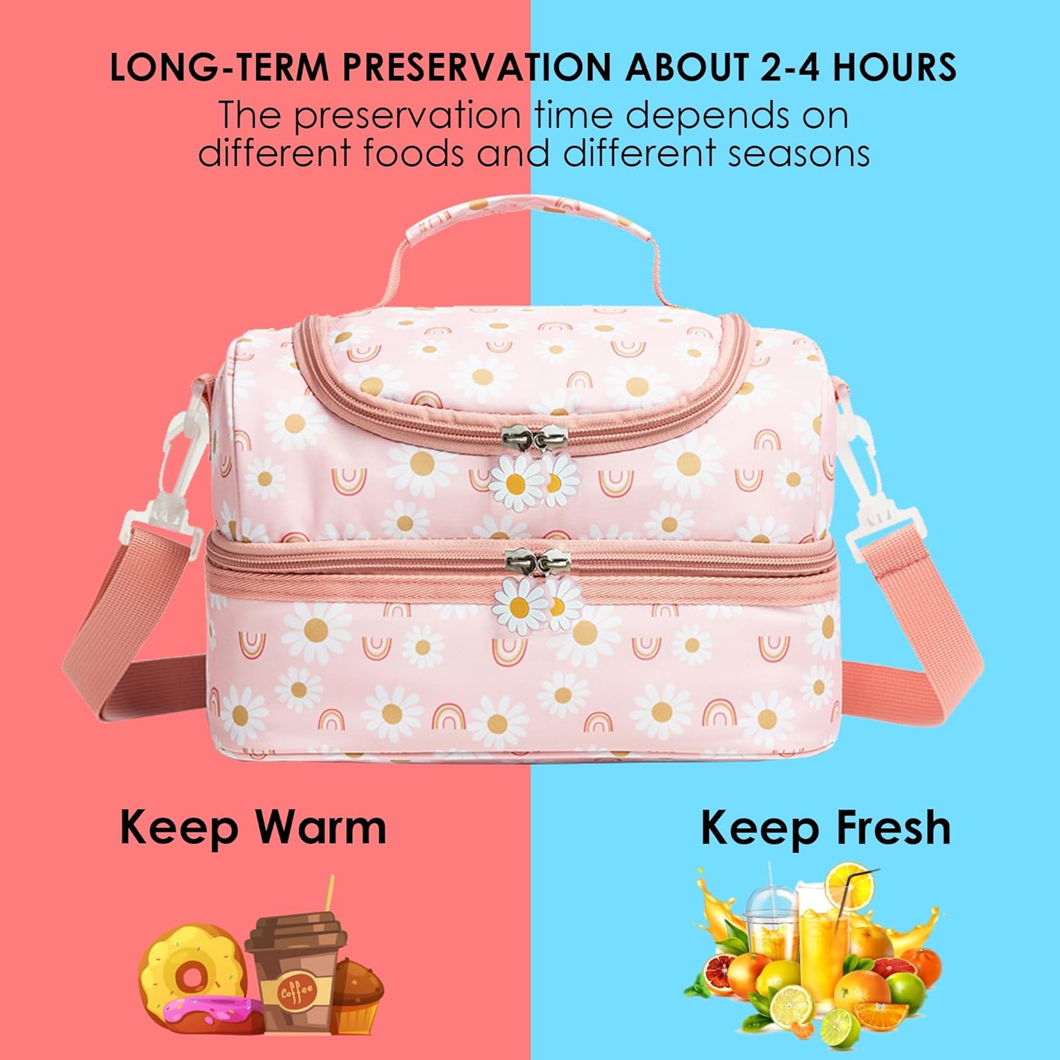 Insulated Kids Dual Compartment Lunch Bags Tote for Girls Boys Toddler Lunch Boxes Pre-School Toddler Kindergarten Elementary Picnic Food Cooler Thermal with Strap (Rainbow Daisies) - Image 4