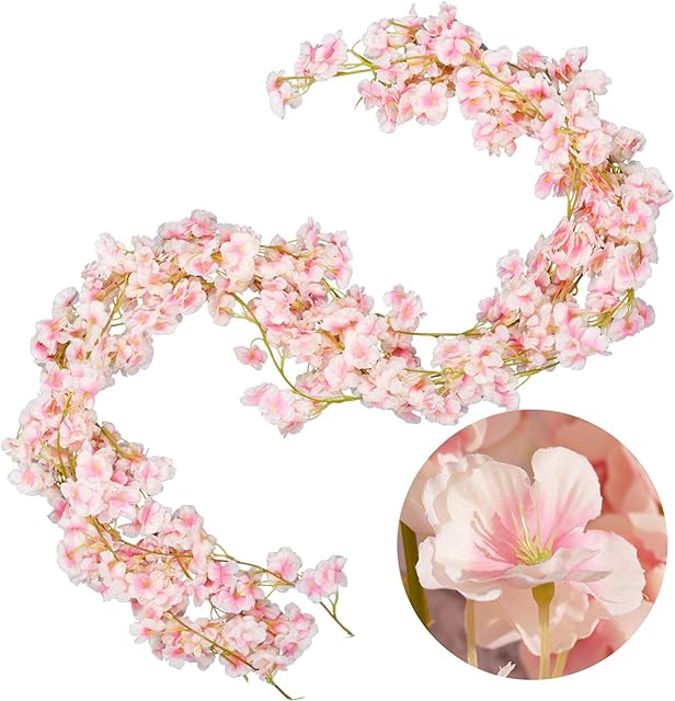 Whaline 4 Pack Artificial Cherry Blossom Garland Pink Silk Floral Vine 5.9ft Faux Cherry Blossom Flower String Fake Flower Hanging Garland for Home Wedding Indoor Outdoor Fireplace Wall Decoration
