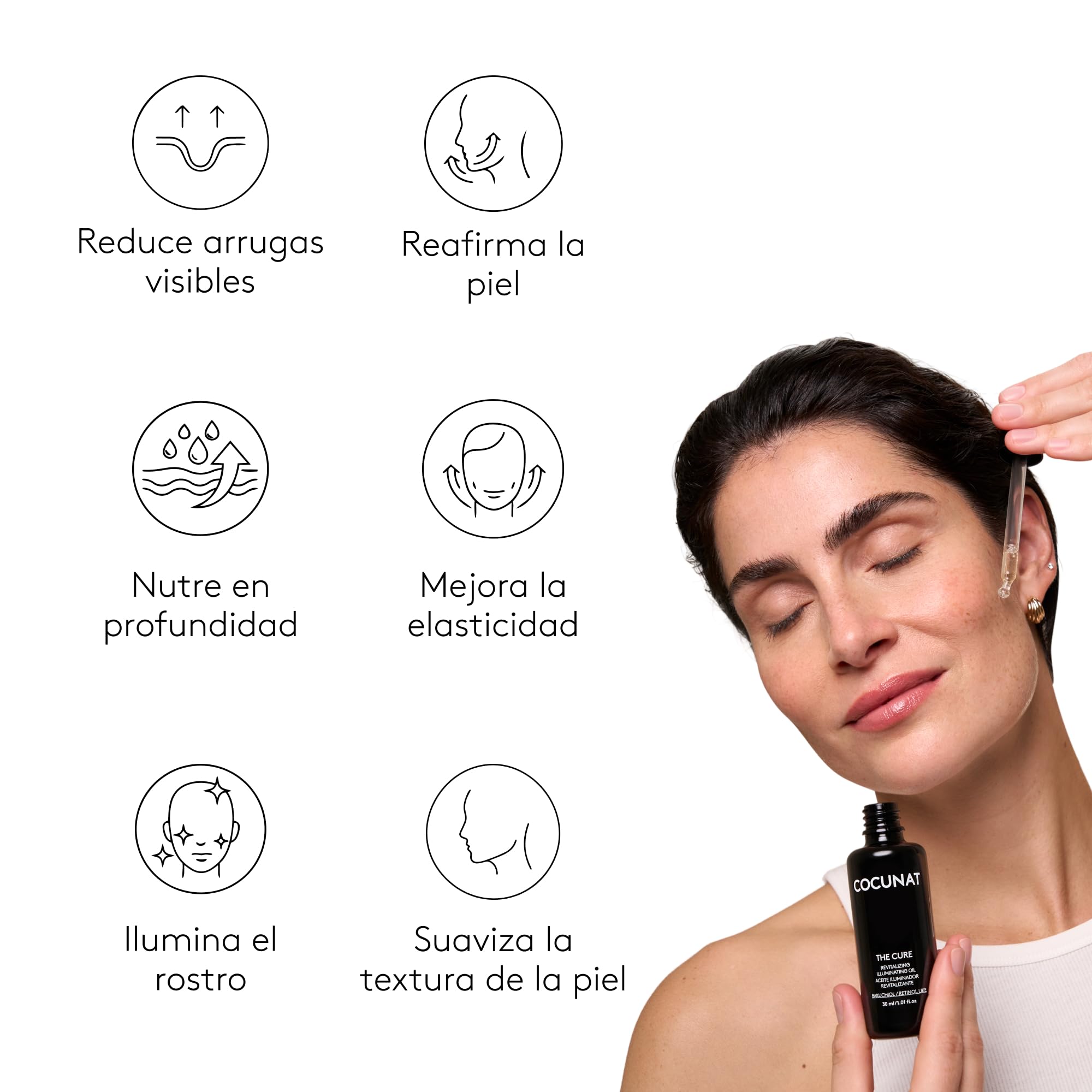 COCUNAT - The Cure - Serum Facial Antiedad - Trabaja Arrugas, Luminosidad y Nutrición - 21 Aceites Esenciales, Antioxidantes, Vitaminas, Ácidos Grasos y Bakuchiol (Retinol-Like) - 30 ml