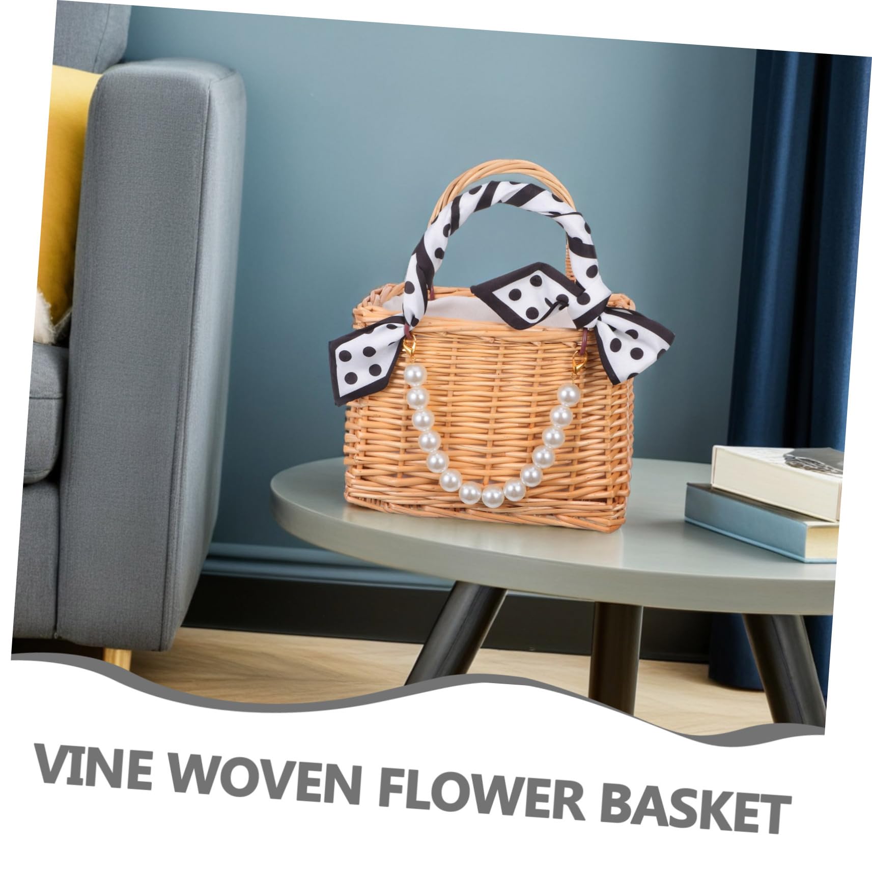 Cabilock Handgefertigter Rattan-blumenkorb mit Perlenhenkel Geflochtene Blumentasche Vielseitiger Korb für Hochzeit Garten Picknick und Strand Dekorativ und Praktisch