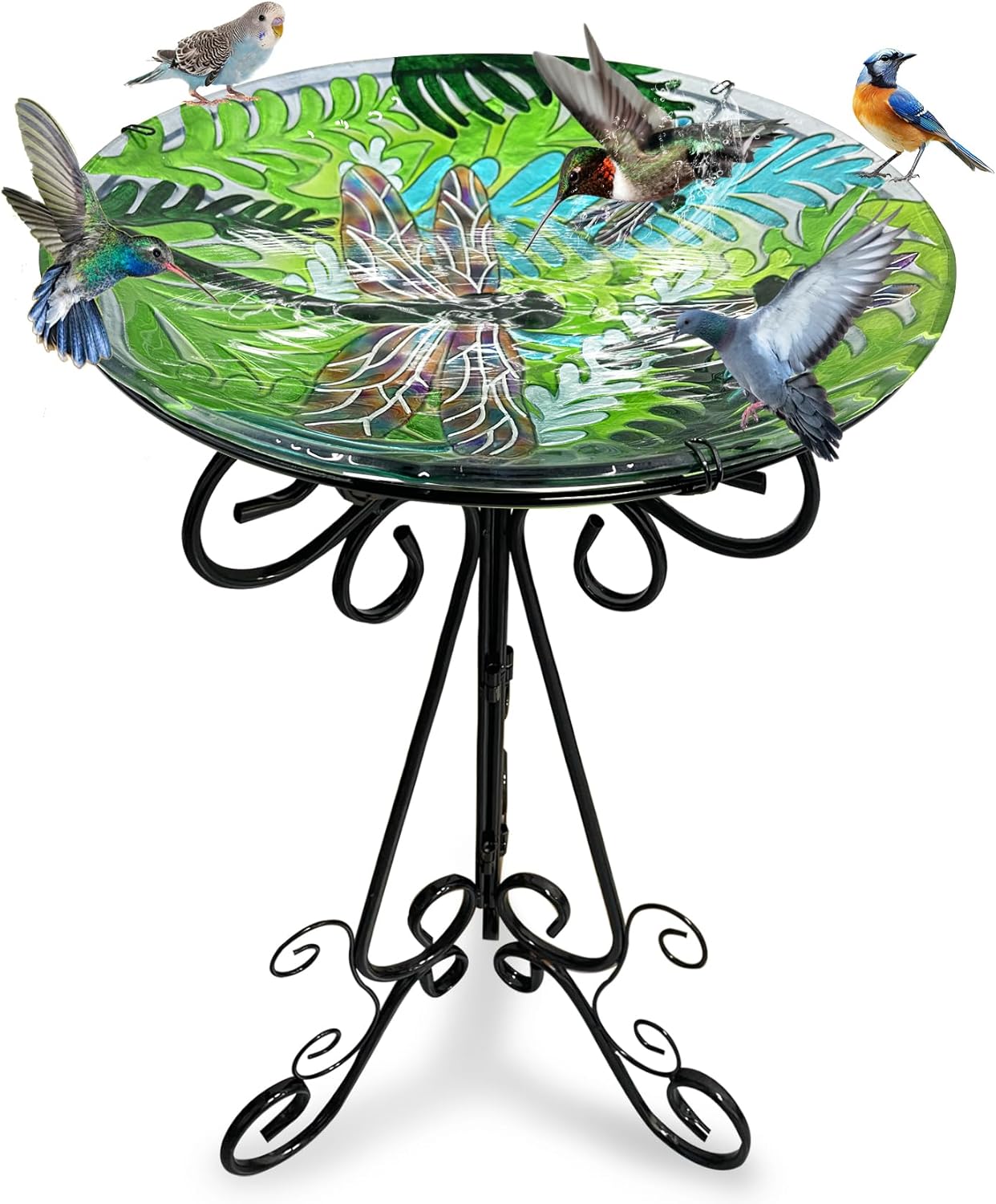 Large Bird Bath for Outside, 18" W Glass Bath Bowl with Metal Stand 28" H Standing Outdoor Birdbaths for Garden Yard Lawn Decor (Dragonfly)