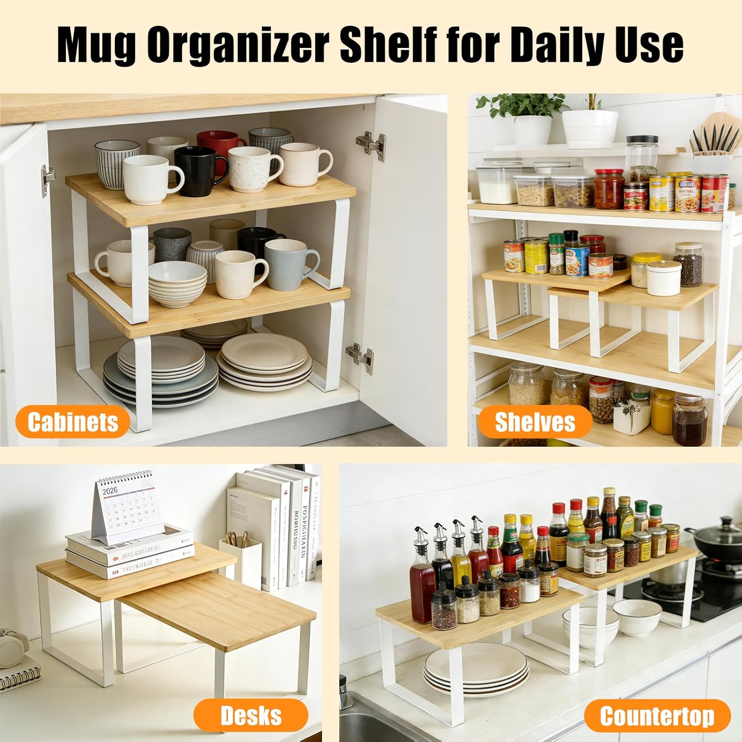 diatomiteco 2 Pack Mug Organizer for Cabinet, Expandable and Stackable Cabinet Organizer Rack, Mug Display Shelf, Multi-Functional Mug Storage, Pantry Organizers Made of Metal and Engineered Wood