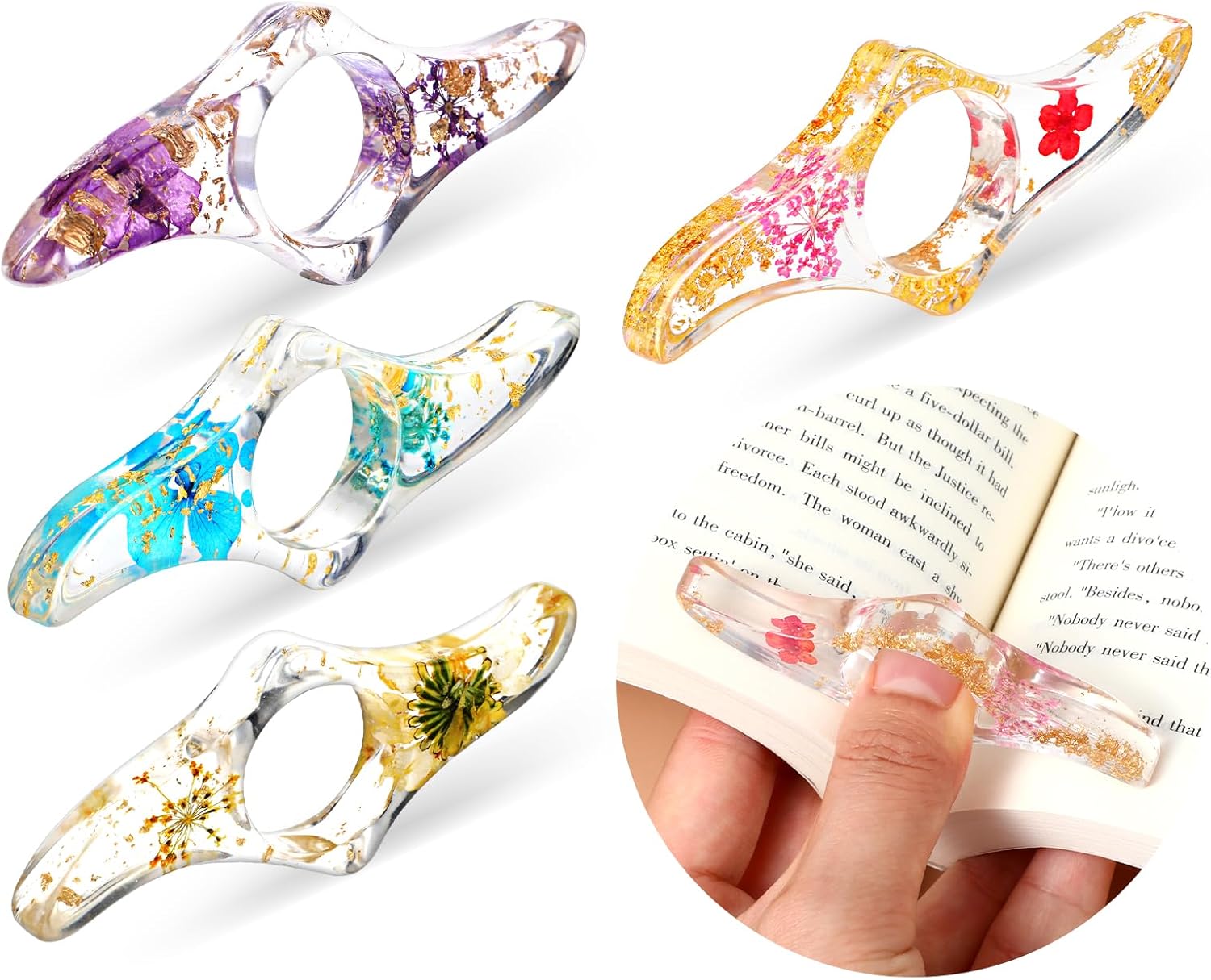 4Pcs Book Page Holder for Reading Dried Flower Resin Thumb Bookmark Handmade Thumb Ring Page Holder Book Accessories for Book Lovers, Literary, Students, Teachers(4 Style)