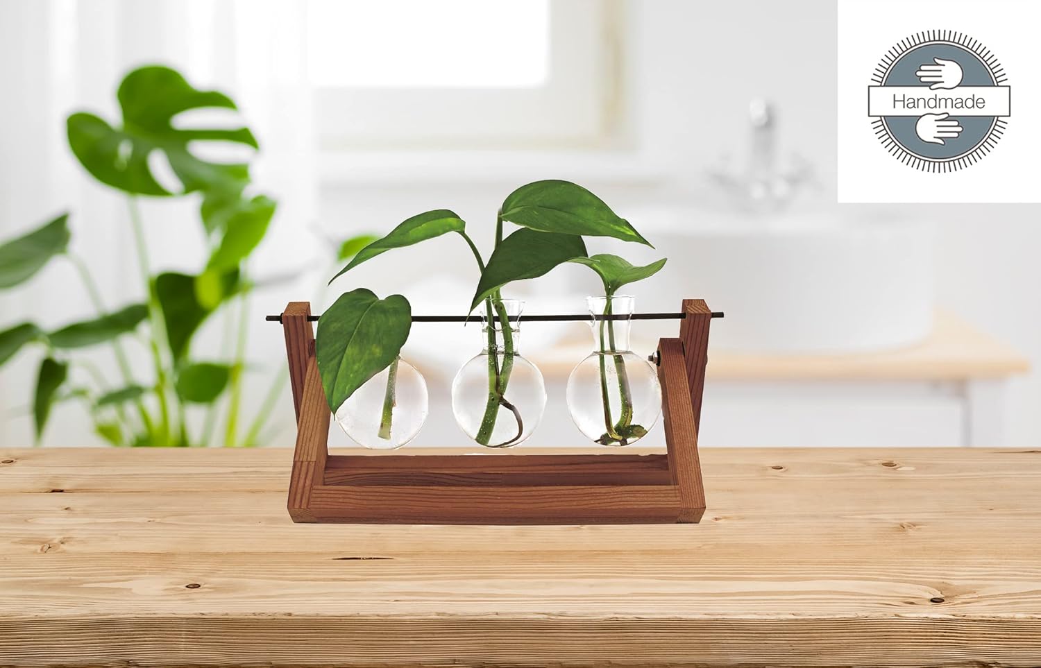 Winkee - Hydrovase Blossom | 3 x Flower Vase with 1 x Wooden Stand | Table Planter | Modern Decoration | Glass Propagation Station | Plant Glass | Root Glass Vase | Gift for Mother's Day, Birthday