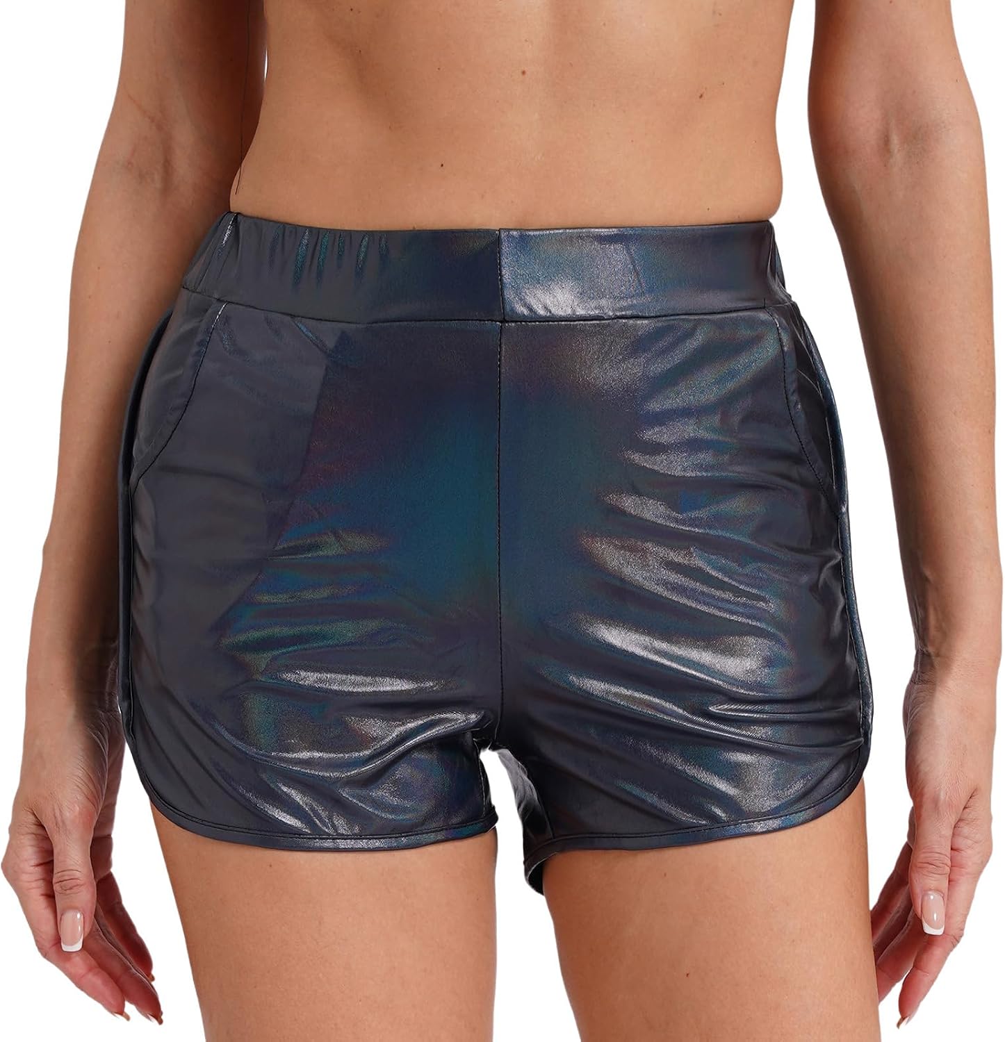YiZYiF Women's Shiny Metallic Booty Shorts Liquid Wet Look Pants Dance Bottoms Yoga Hot Shorts