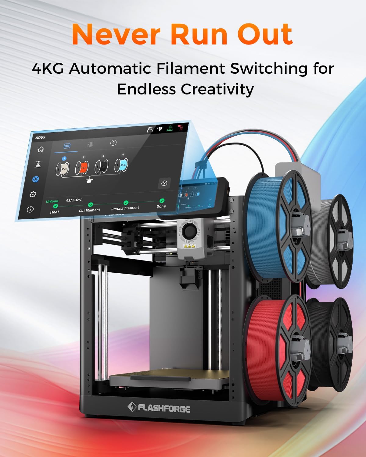 FLASHFORGE AD5X with the Intelligent Filament System (IFS) and four spools of filament.