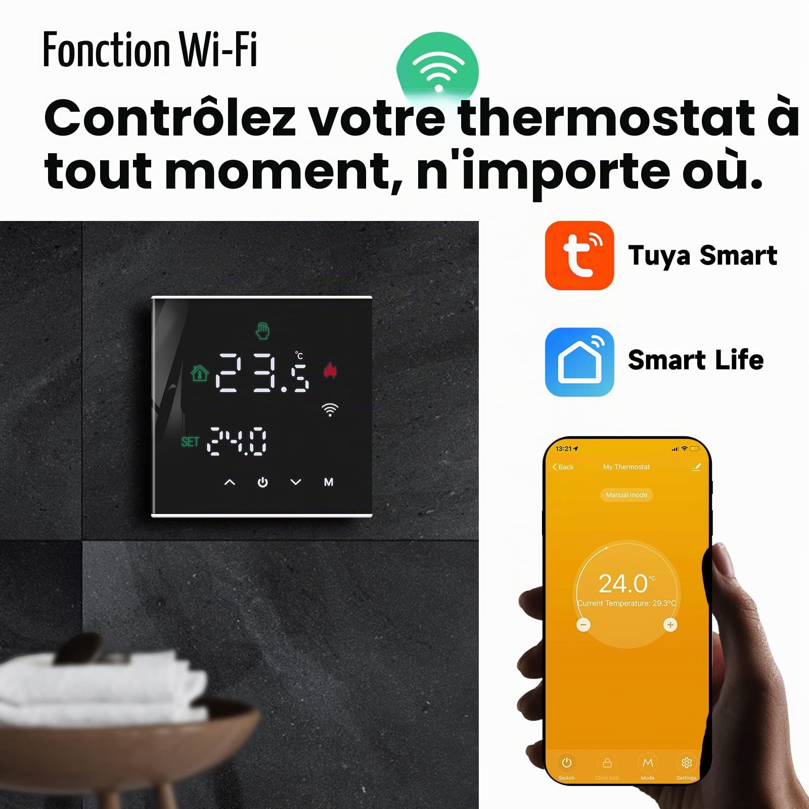 Beok Thermostat WiFi Intelligent, Thermostat de Chaudière Programmable pour Chauffage de Chaudière Eau/Gaz, Montage Mural avec Affichage LCD Numérique,TGW60-WIFI
