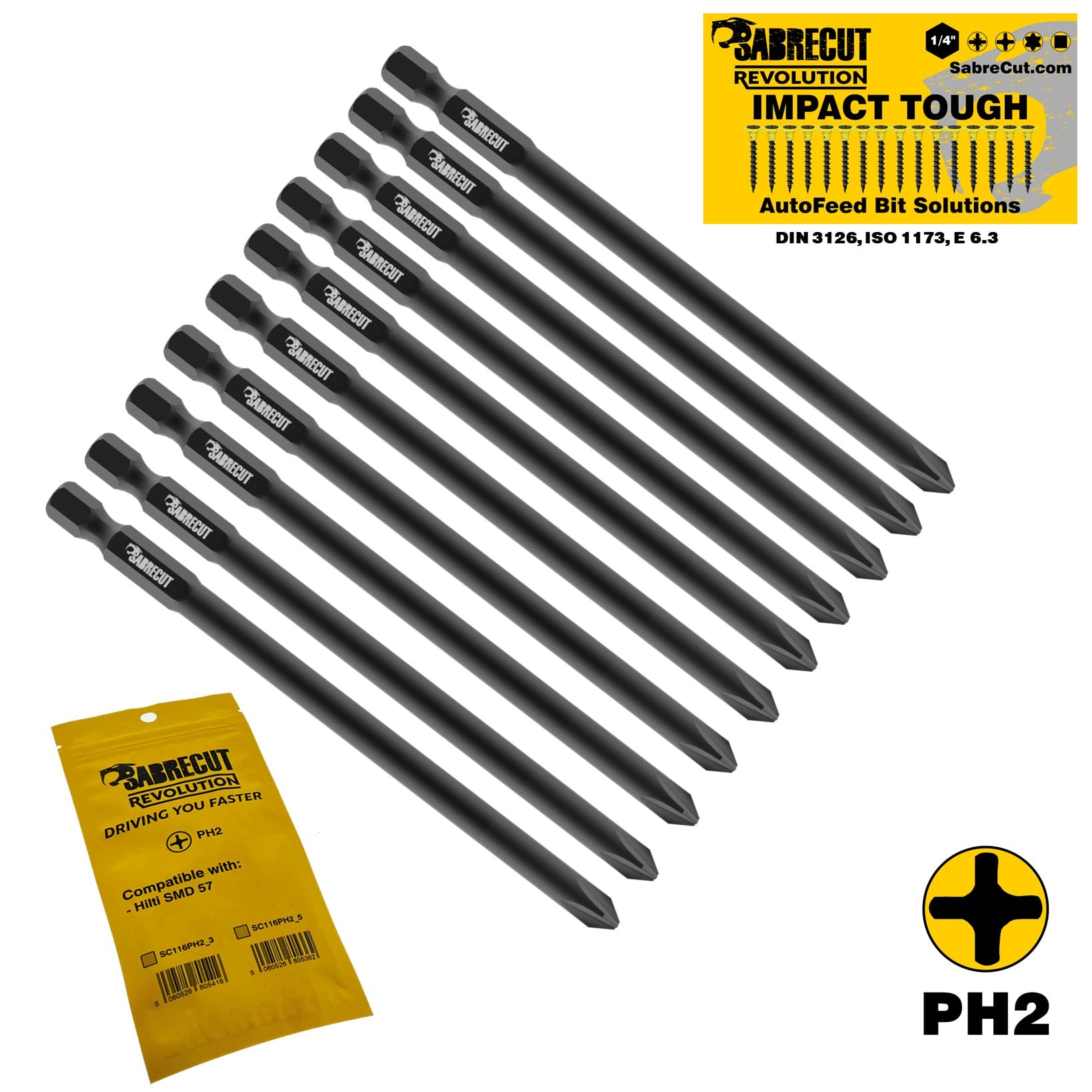 SabreCut 10pcs SC116PH2_10 116mm PH2 Bity autofeed płyty g-k | Kompatybilne z Hilti SMD 57 SMD57 116/4 1/2, Phillips No.2 jednostronny, kuta końcówka poprawia odporność udarową