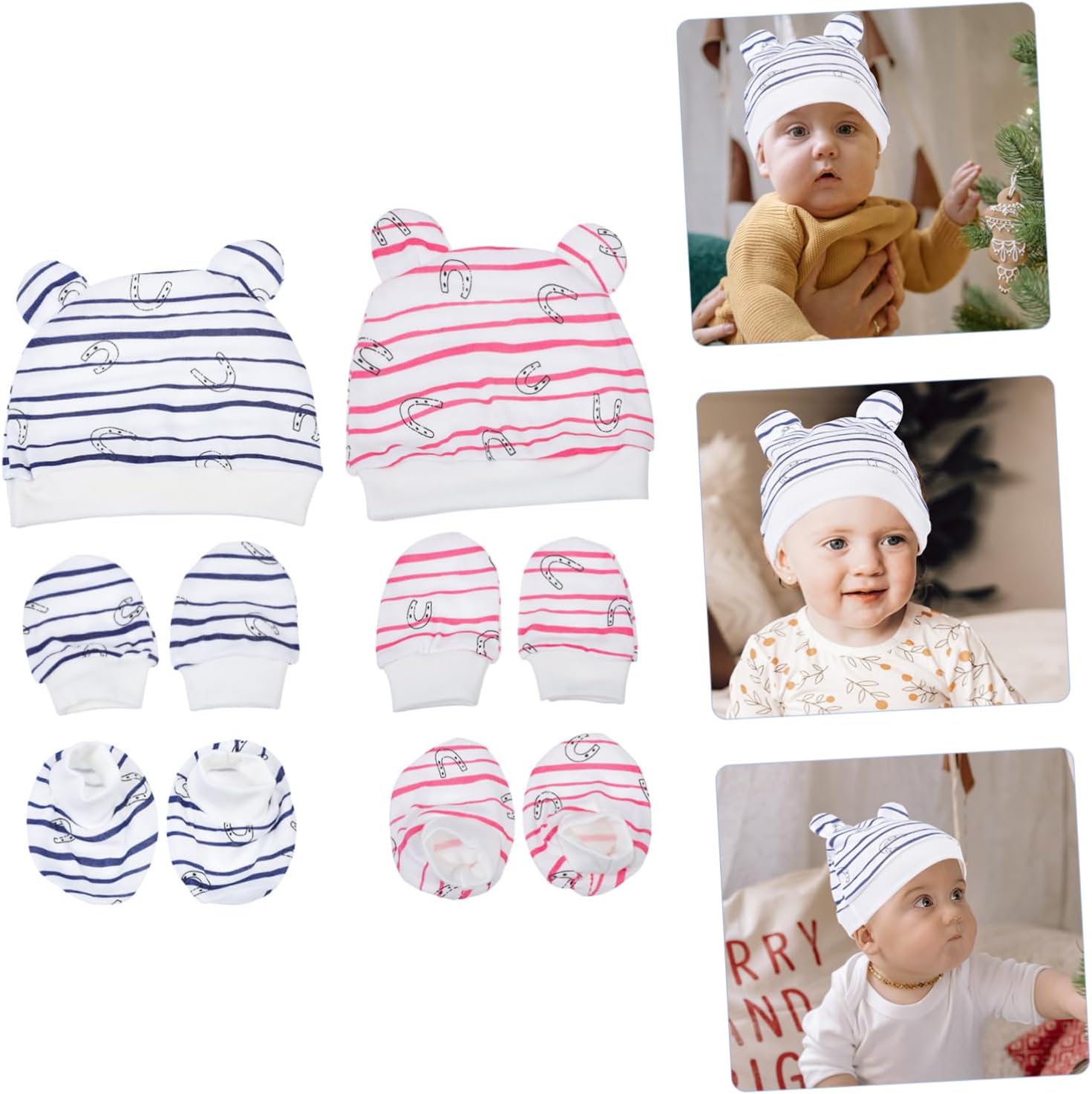 2Sets Cotton Hats Gloves Kit Anti-scratch Gloves and Newborn Caps Comfortable Hand Covers for Boys and Girls Breathable and Lightweight Red Blue