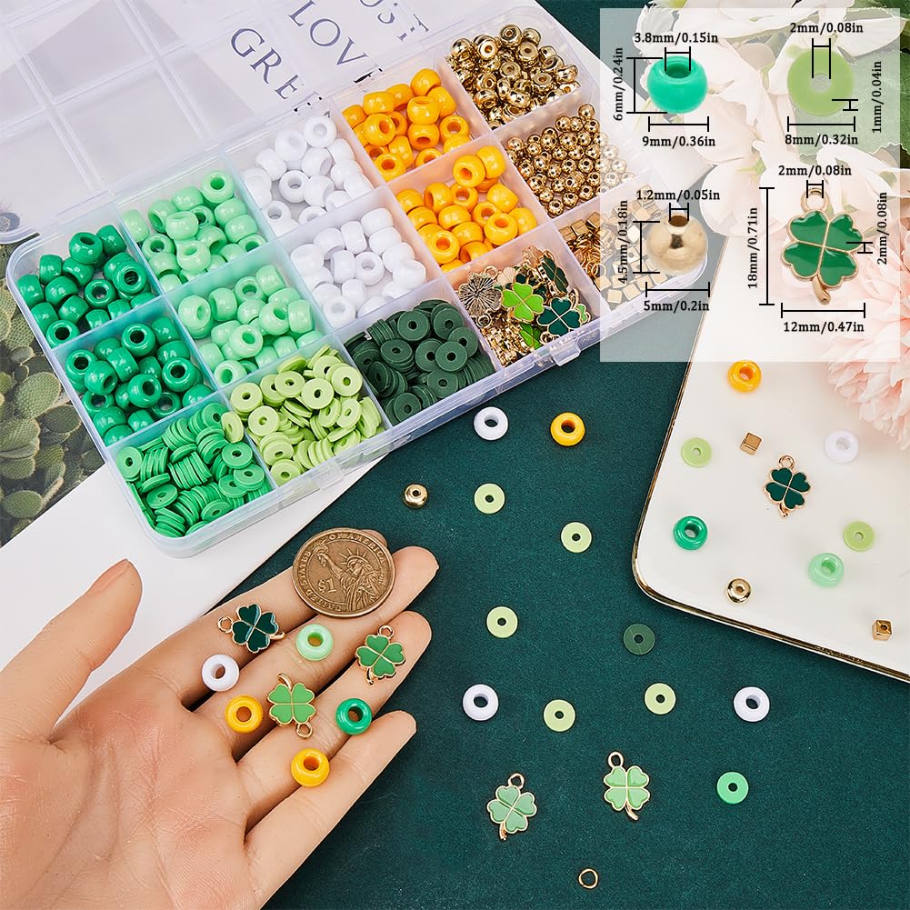 SUNNYCLUE 961Pcs St Patrick's Day Charms 8mm Pony Beads Round Opaque Polymer Clay Heishi Flat Disc Beads Enamel Four Leaf Clover Irish Shamrock Charm Golden Loose Spacers for Jewelry Making Kits - Image 3