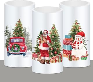 Whaline Christmas LED Flameless Candles Santa Snowman Tree Warm Light Battery Operated Pillar Candles Xmas Watercolor Electric Flickering Candles for Party Home Decor, Set of 3
